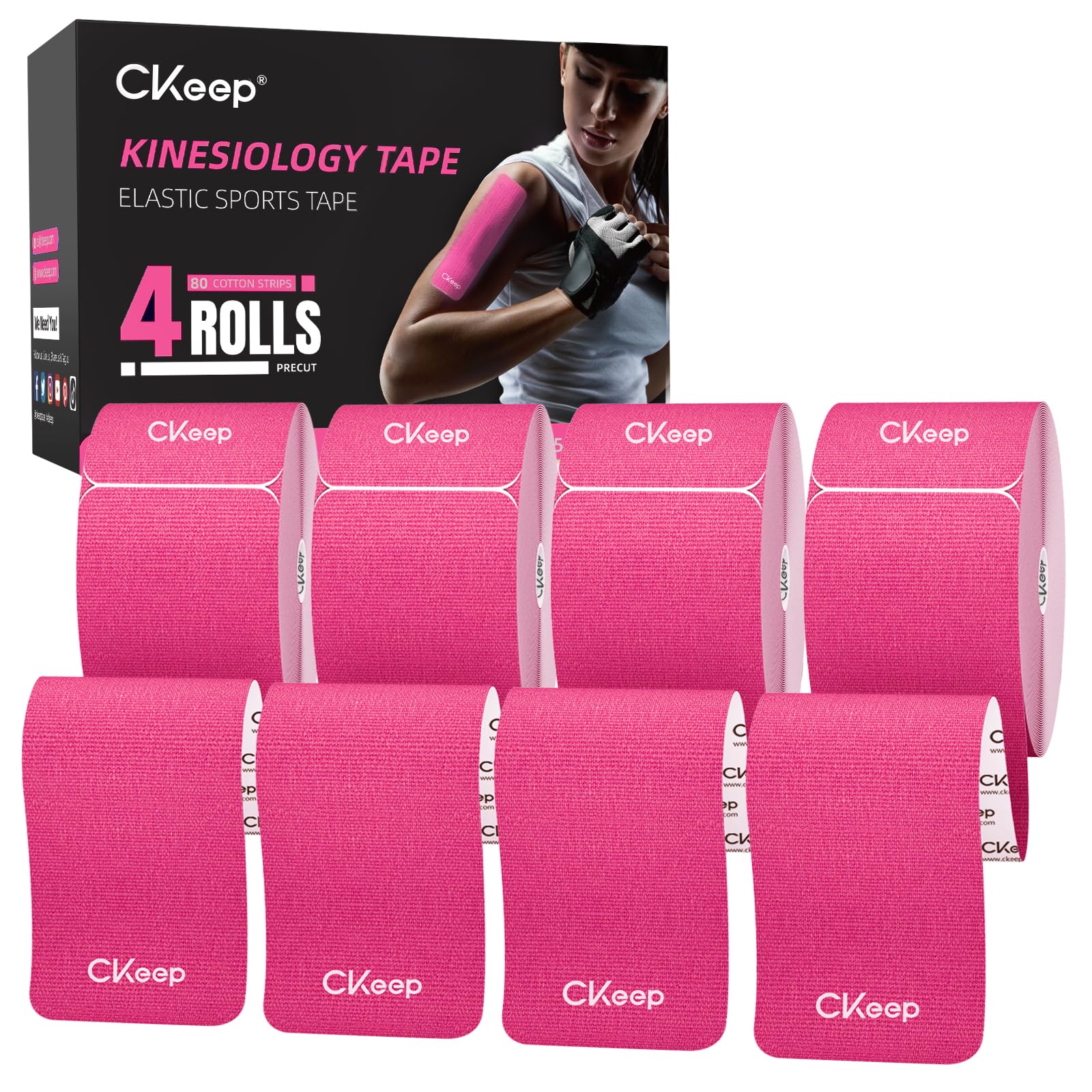 CKeep 4 Rolls Kinesiology Tape, Original Cotton Elastic Athletic Tape, 20 Precut 10" Strips Each, Pink, Ideal for Muscle Support &amp; Injury Prevention