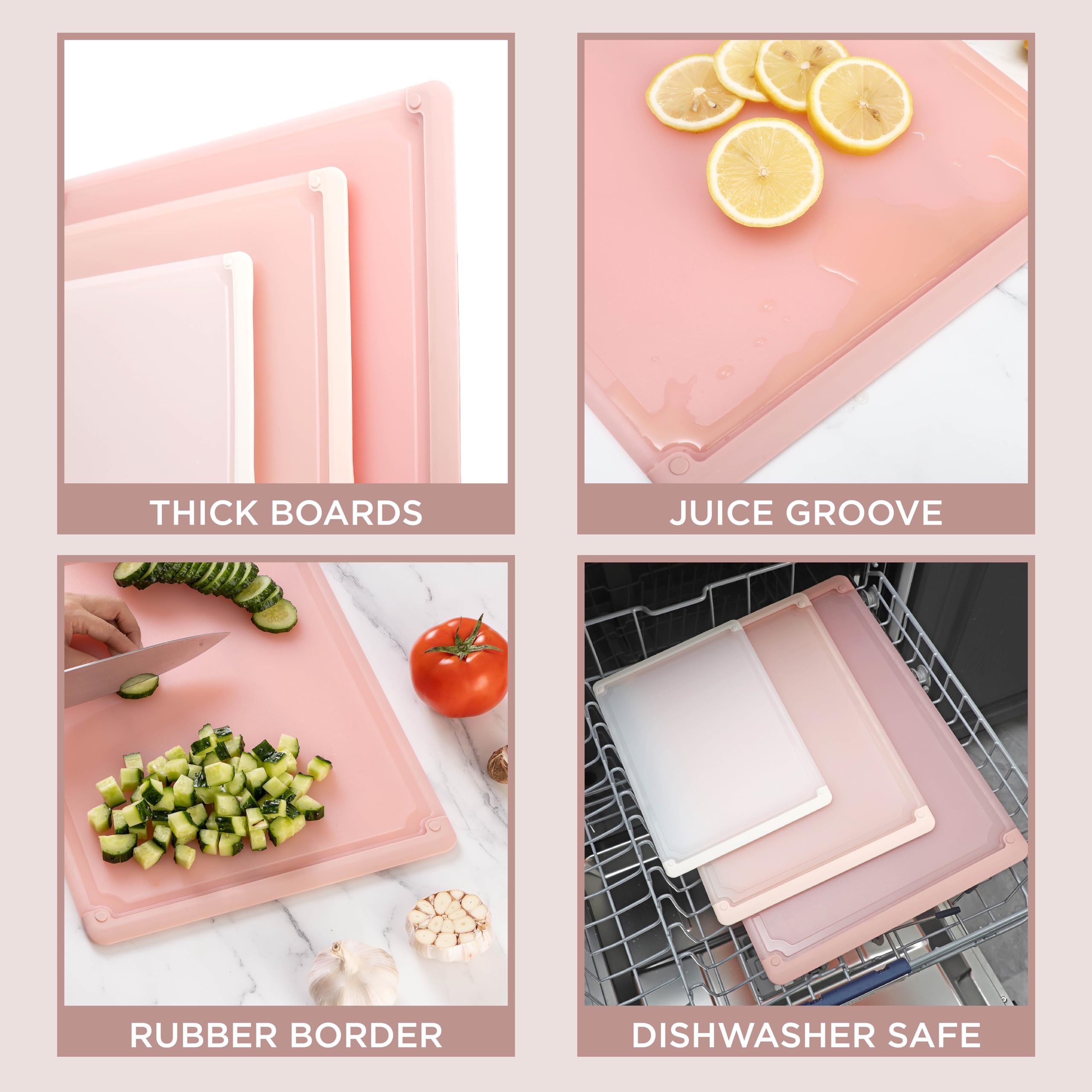 COOK WITH COLOR Extra Large Cutting Board Set, Jumbo-Sized Boards with Rubber Border for Enhanced Cooking Experience, 3-Piece, Pink