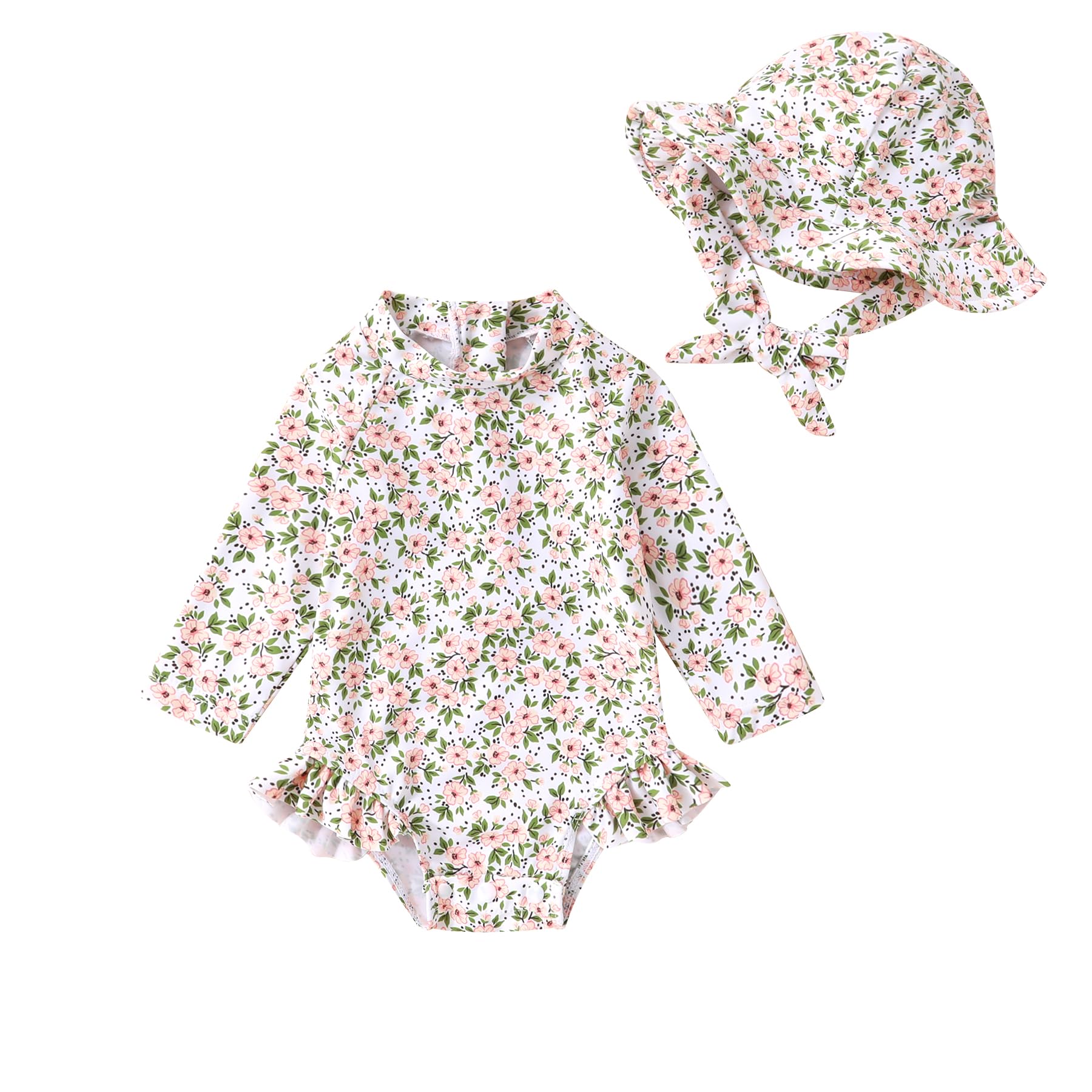 Infant Baby Girl Swimsuit One-Piece Long Sleeve Rash Guard with Hat Set Floral Zipper Bathing Suit Leopard Beach Wear