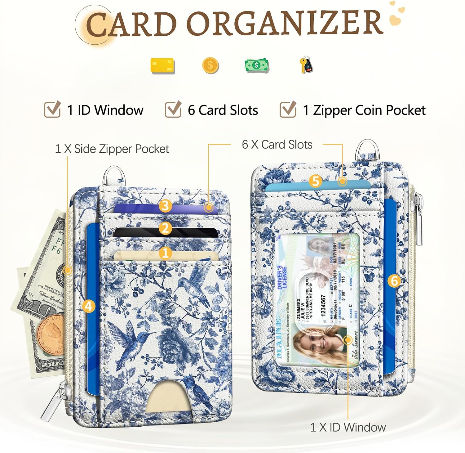 Kelvoris Credit Card Holder Small Wallet Women, Slim RFID, HummingBird image 3