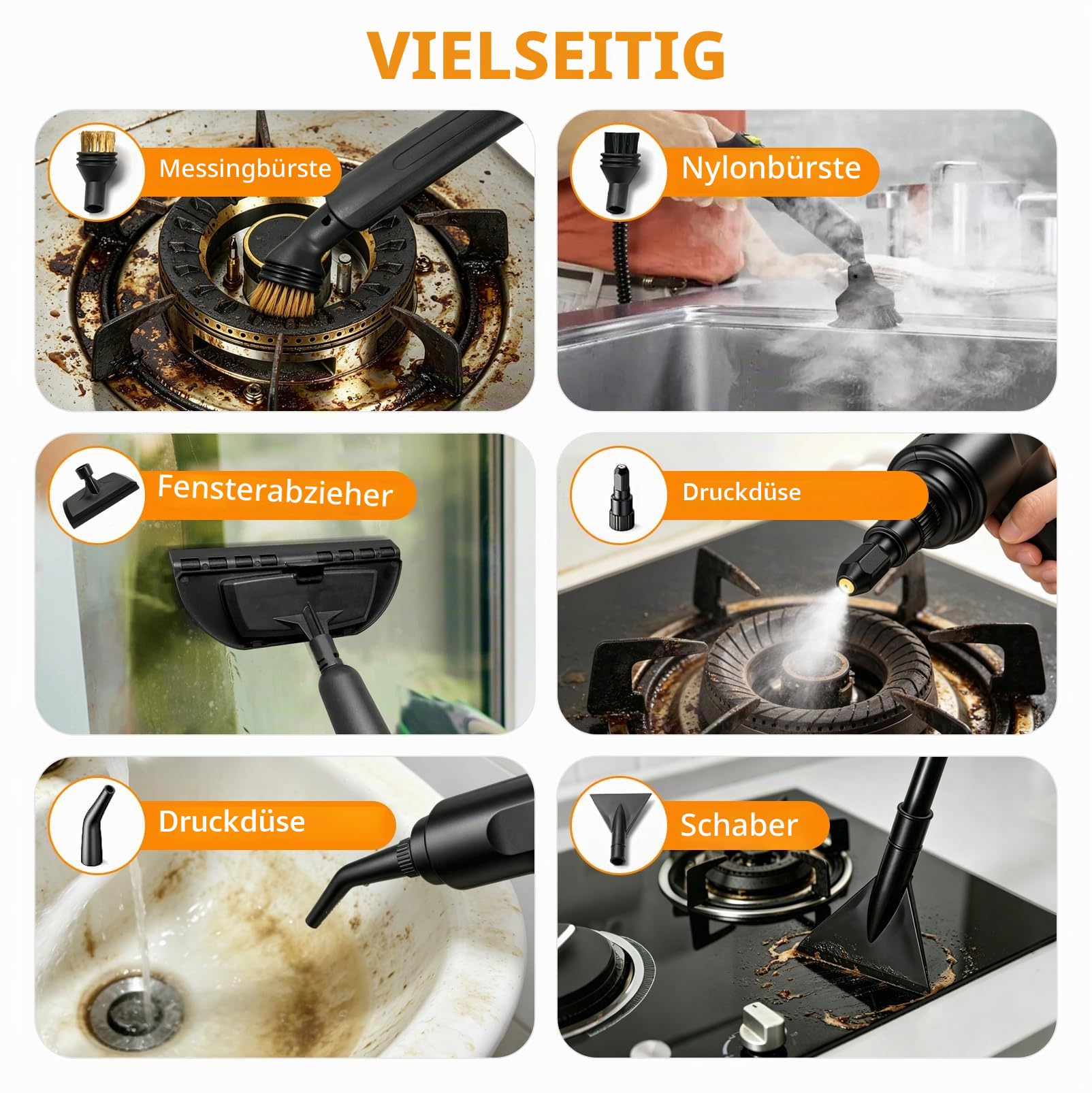 Dampfreiniger Handgerät, Dampfreiniger für Haushalt und Auto, 3 Dampfstufen | am Griff einstellbar, 15 Sekunden Aufheizzeit, 1600 ml Tank, Handdampfreiniger für Autos, Steam Cleaner für Boden