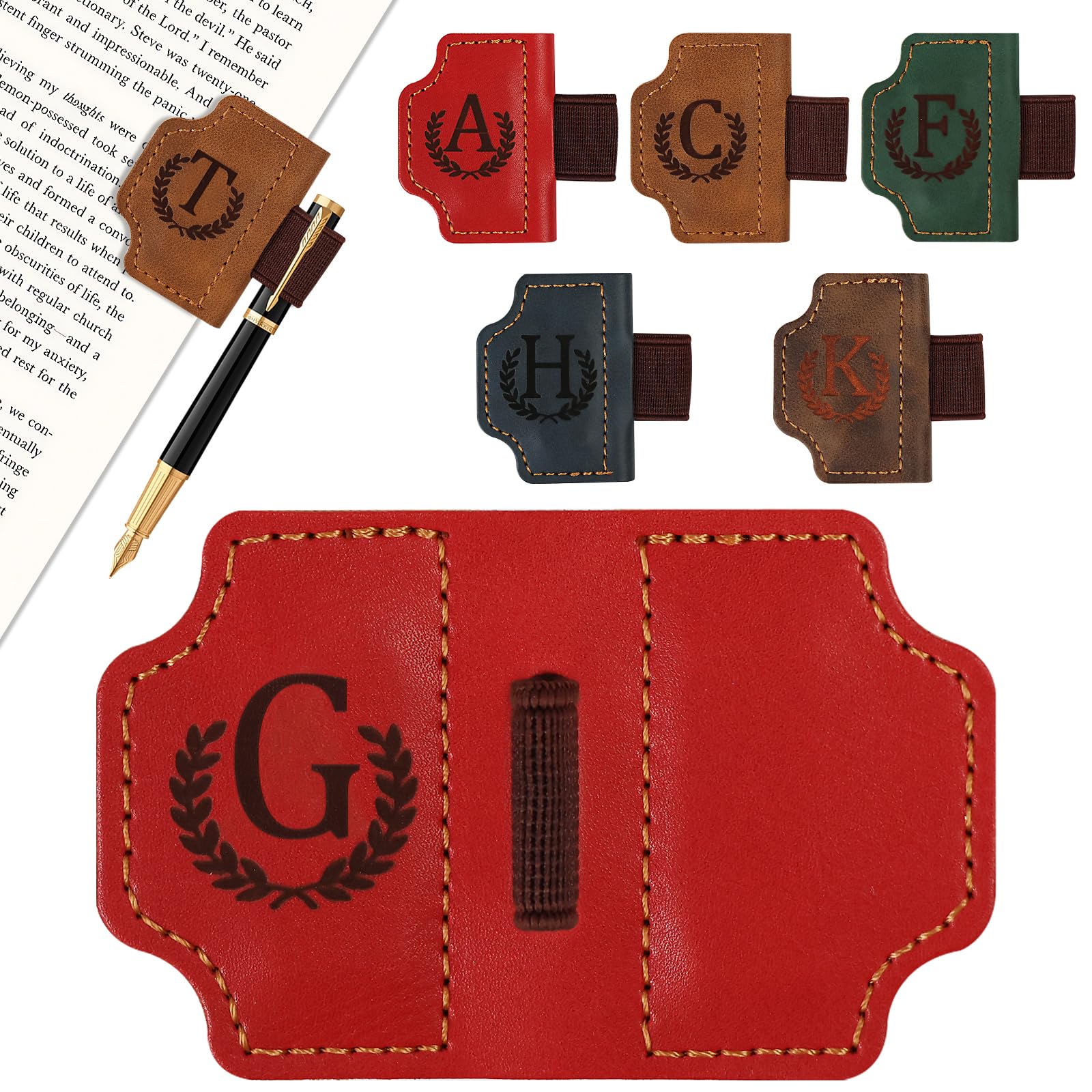 LACGO Vintage Leather Bookmark,Magnetic Book Mark with Pen Holder,Personalised Book Gift with Letter, Classic Stitched Leather Bookmark,Gift for Christmas,Birthday (red, G)