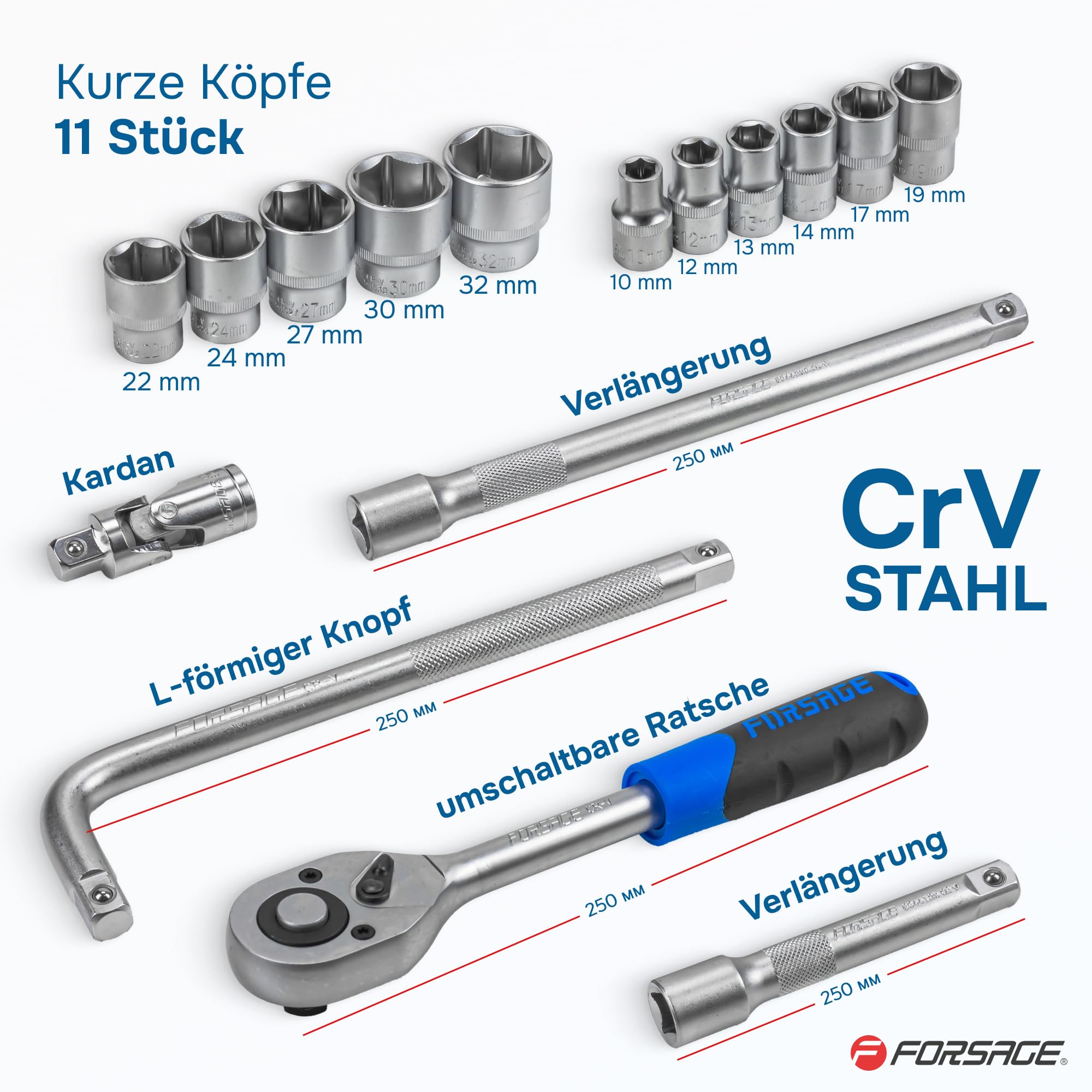 FORSAGE Steckschlüssel-Set 1/2 Zoll – 14-teilig Im Koffer, Größen 11-30 Mm, Für Auto & Heimwerker