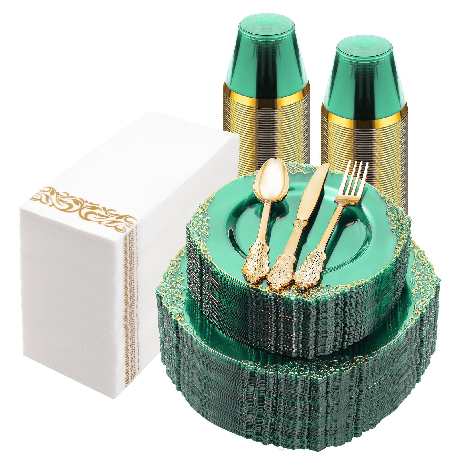 Bestluck 350PCS Clear Green Plastic Plates for 50 Guests, Disposable Plates with Gold Trim include 100 Dinner Plates, 150 Gold Silverware, 50 Cups, 50