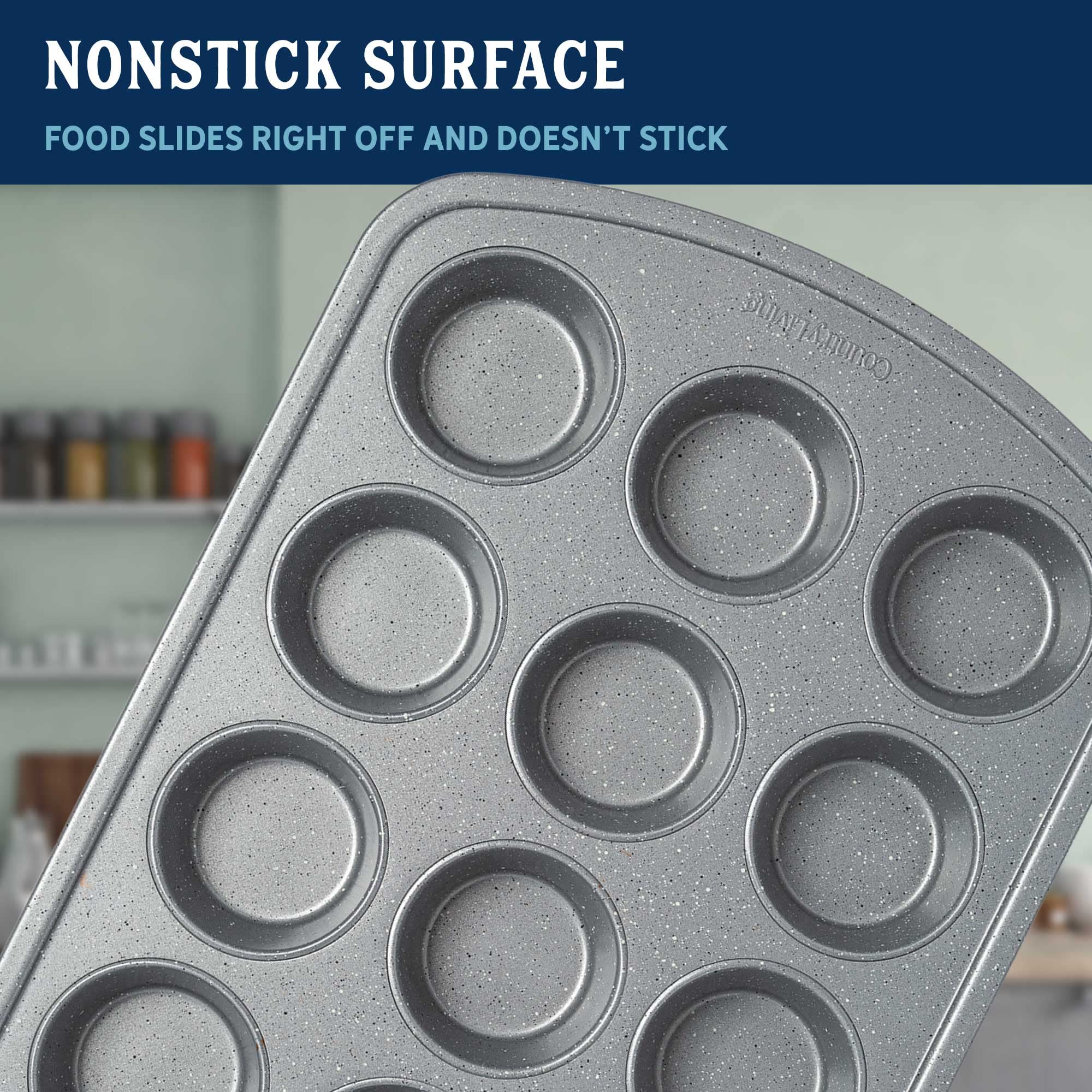 Country Living Antihaft-Muffinform, robuster Karbonstahl mit Schnellverschluss-Beschichtung, hergestellt ohne PFOA, spülmaschinenfest, 2er-Pack, Backformen-Set, 12 Tassen, grau gesprenkelt