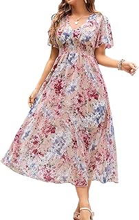 Women's Floral Maxi Dress Flowy V Neck Empire Waist Summer Wedding Guest Party Casual Chiffon Dress - Buy now