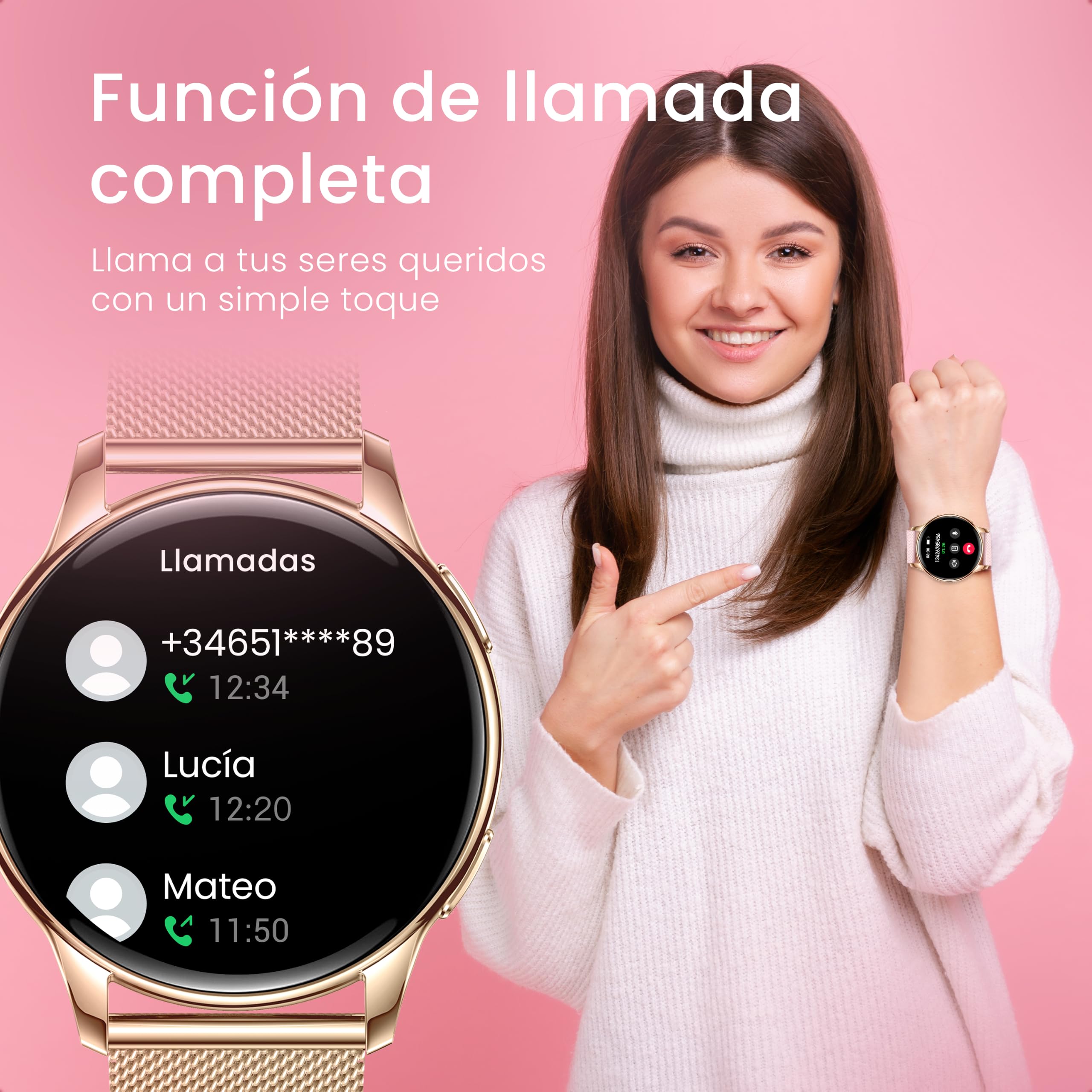 maoo Reloj inteligente Ventura para Mujer con función de llamada, pantalla AMOLED de 1,32 Pulgadas, cardiofrecuenciómetro, SPO₂, tensiómetro, más de 100 modos deportivos, resistente al agua IP67