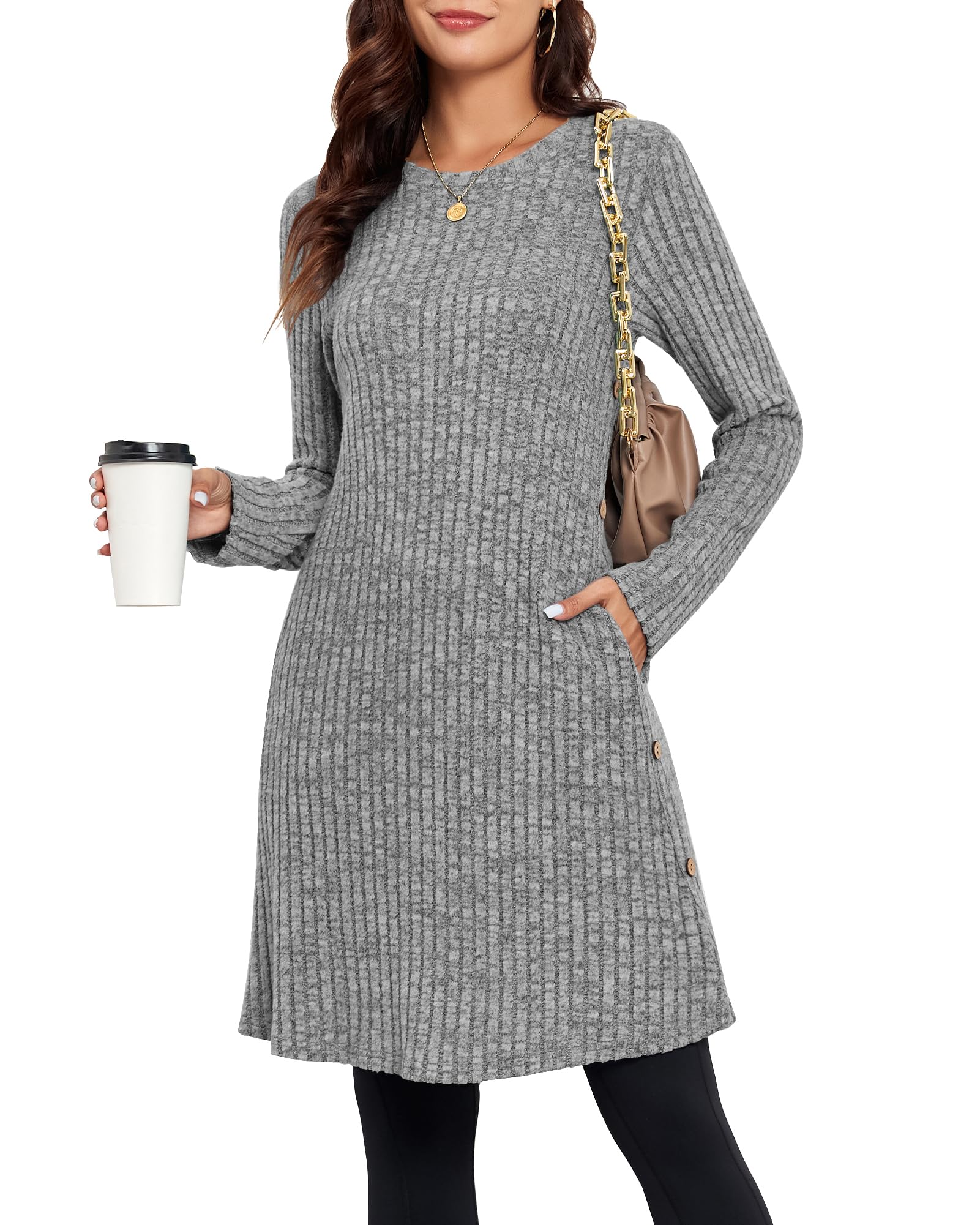 SENBATU Vestido suéter de Manga Larga para Mujer, Vestidos de Navidad para Mujer, Vestido Tipo túnica con Botones Laterales y Bolsillos