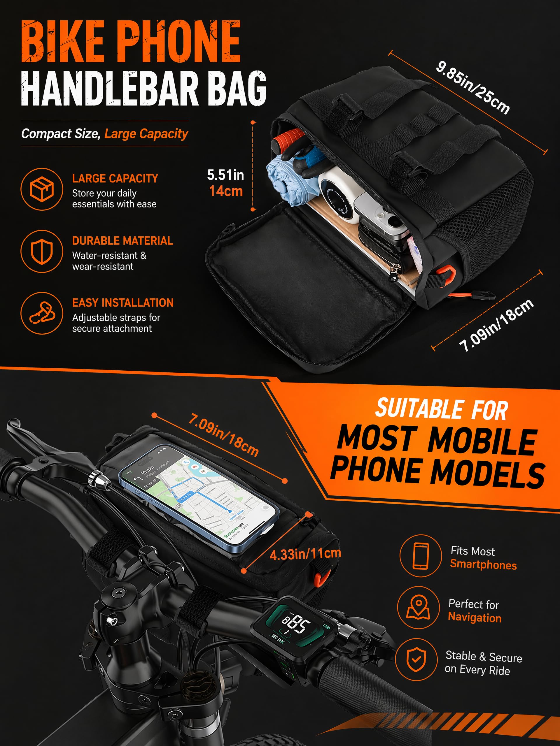Sacoche Velo 6L avec Fonction Audio, Sac de Guidon de vélo avec écran Tactile Avant et bandoulière Amovible pour Tous Les téléphones avec Effets Lumineux colorés, étanche