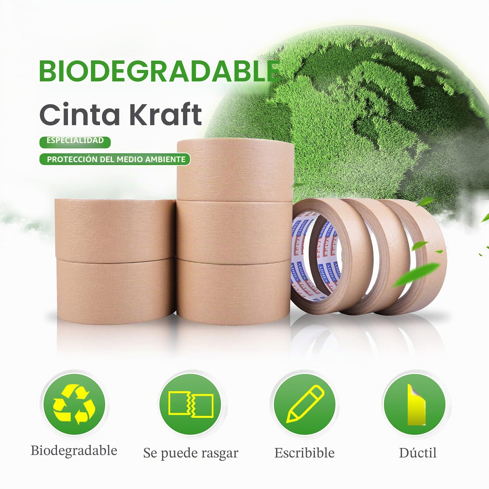 ADHES Cinta de embalaje de papel kraft Biológico Cinta adhesiva para paquetes y cajas reciclable ecológico marrón 50mm x 50m