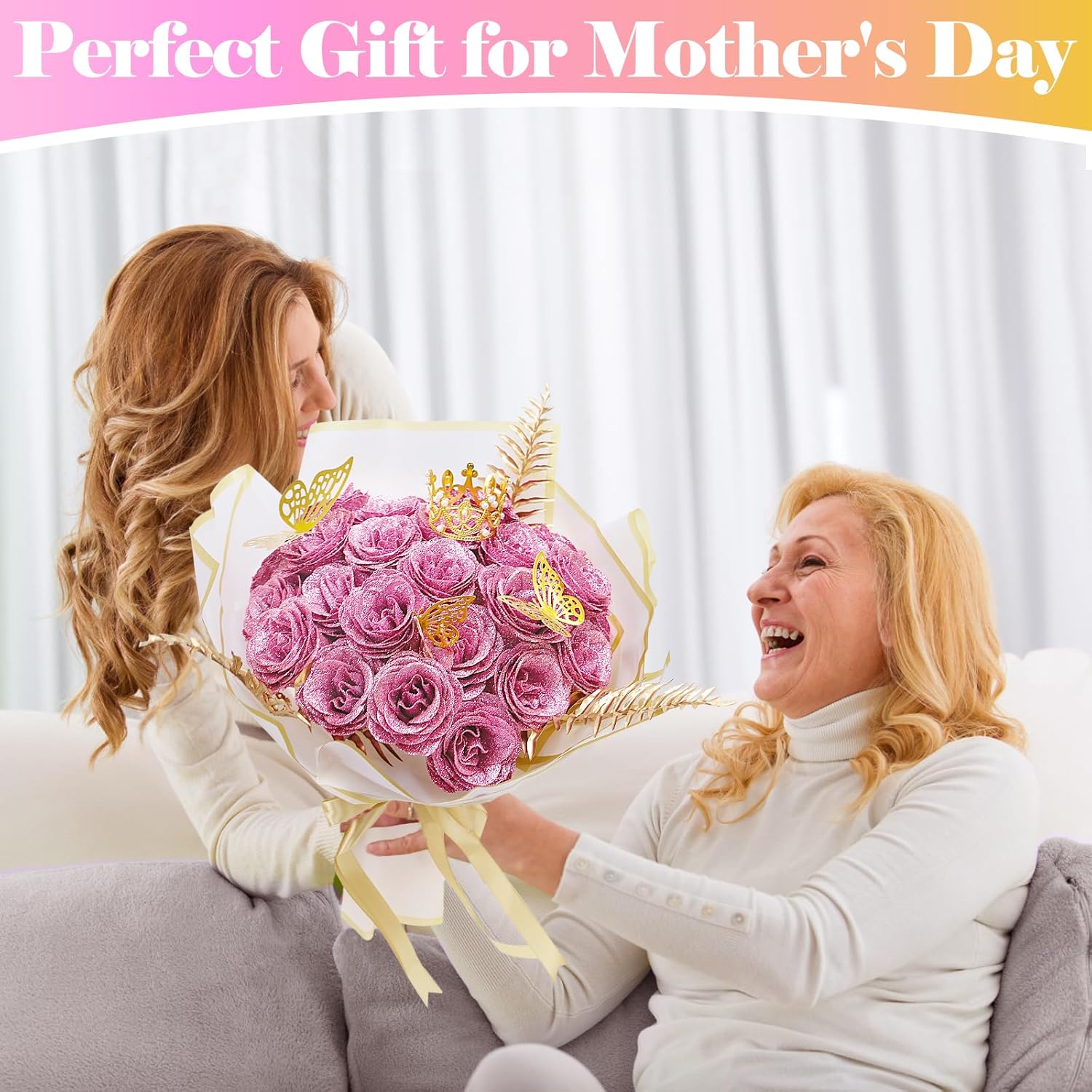 Glitter Roses Bouquet DIY Pink Roses Artificial Flowers Bouquets, 24 Pack Fake Shiny Flowers with Stems Eternal Floral for Elegance Wedding Bouquet Anniversary Birthday Love Gift - Image 8