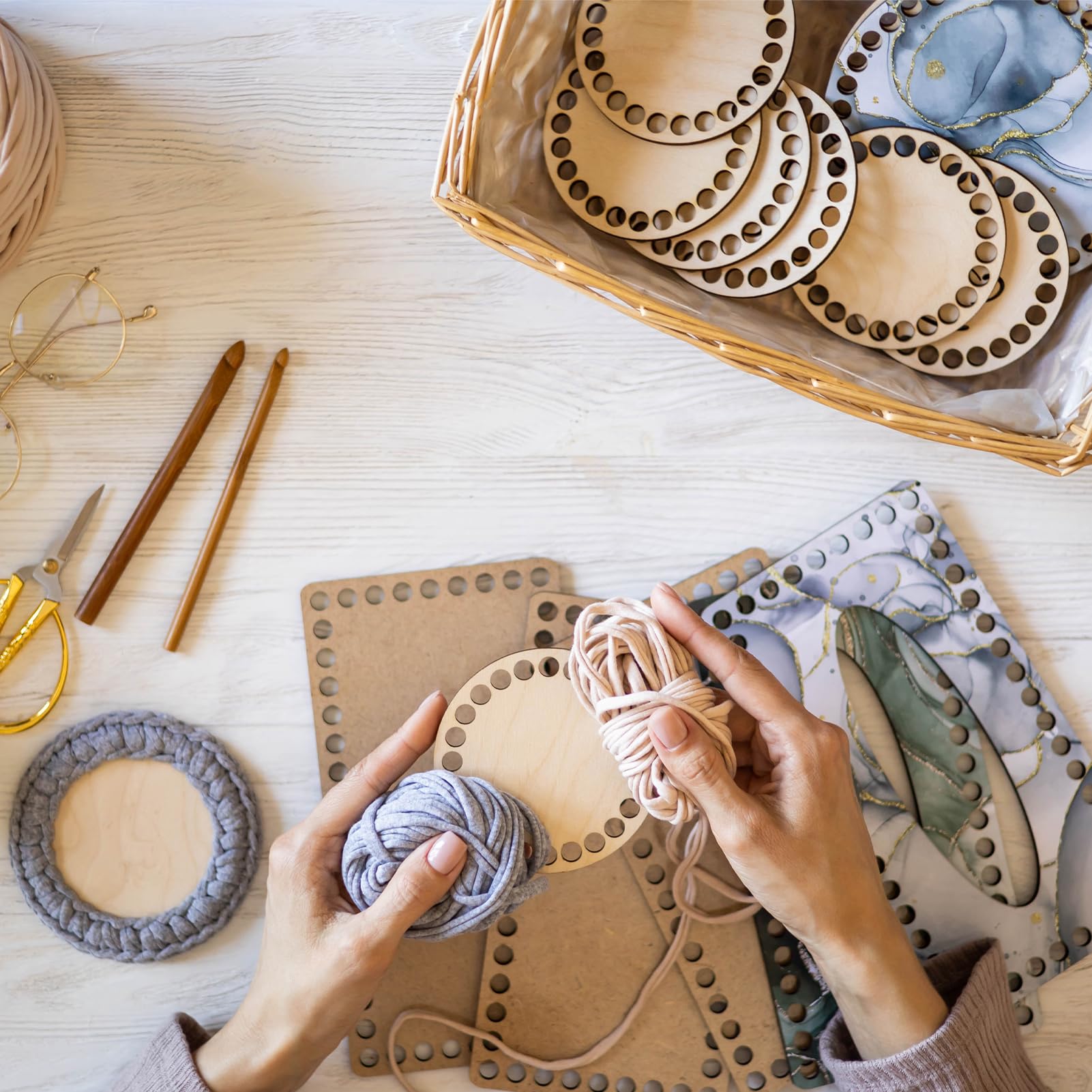 Lot De 6 Fonds De Panier à Crochet 3 Formes Fond De Sac En Bois Tressé