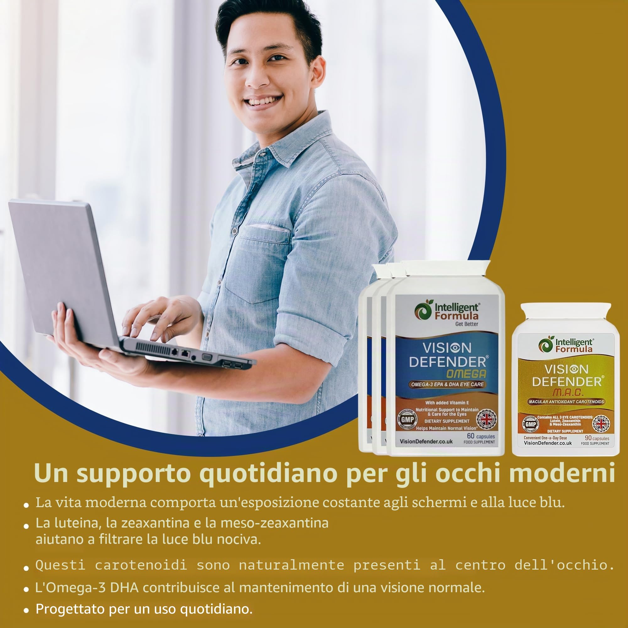 Vision Defender MAC & Omega Bundle Cura Occhi Quotidiana - Luteina Zeaxantina Meso-Zeaxantina Carotenoidi - Omega-3 Olio Pesce (EPA, DHA) - Vitamine Occhi - 90 Giorni - 270 Capsule - UK