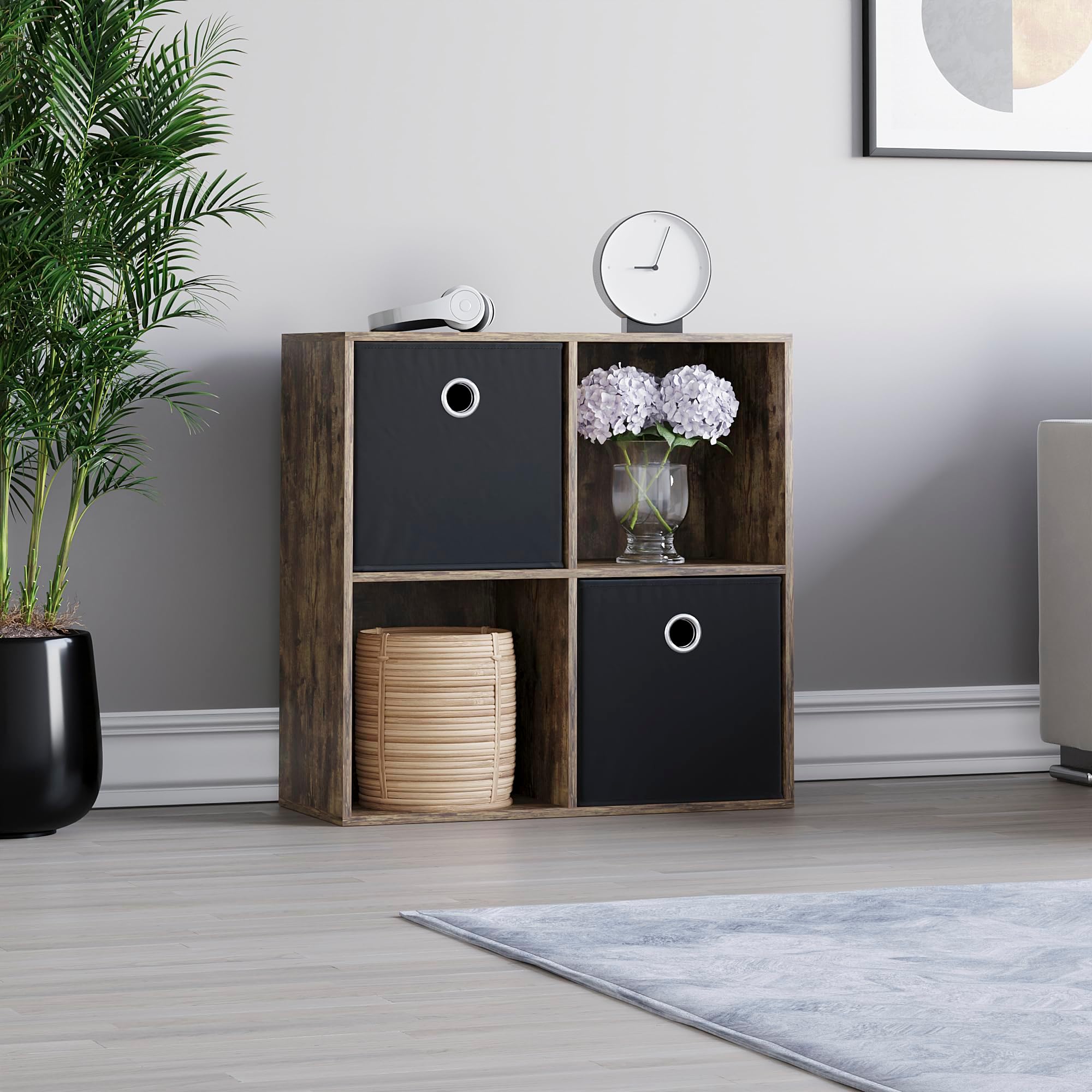 Vida Designs Durham Cube Bookcase Storage Organiser Living Room Bookshelf Home Office Furniture (4 Cube & 2 Black Baskets, Dark Wood)