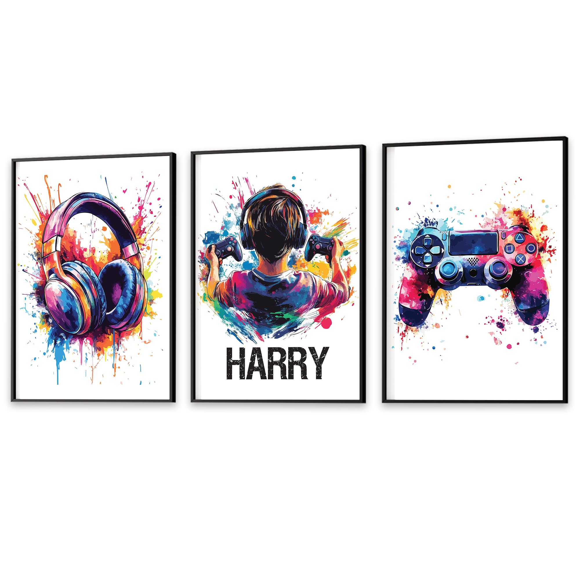 Gaming Prints For Boys Bedroom A4 A3 Personalised Gaming Wall Prints Kid Bedroom Prints Wall Art For Boys Large Prints Gamer Gifts (PS Controller - Brown Hair, 3 A4 Prints Only (no frames))