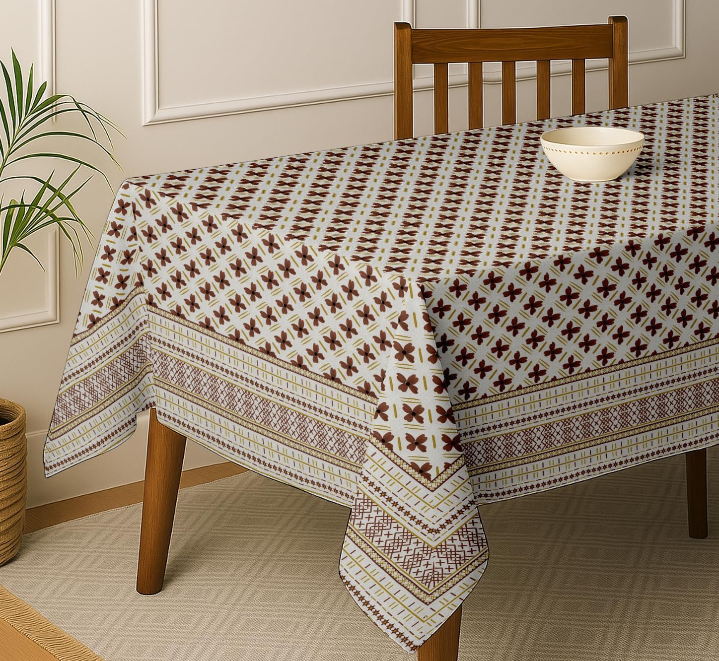 Floral Print Tablecloth - Brown Cotton Twill Fabric, 54X54 Inch Square Dining Table Cover for 4 Seater, Durable, Machine Washable, Everyday Dining, Matching Napkins & Runners Available