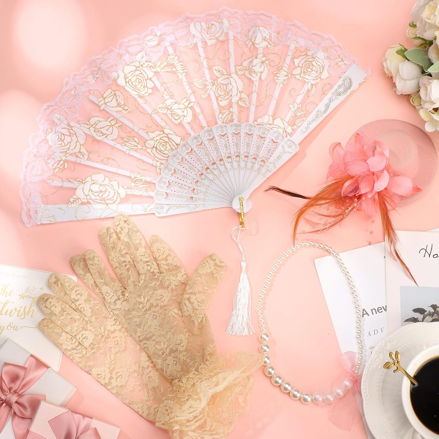 Sintege 4 Pcs Girls Tea Party Set Girls Tea Party Accessories Gloves Hats Necklace Fans for Toddler - Image 6