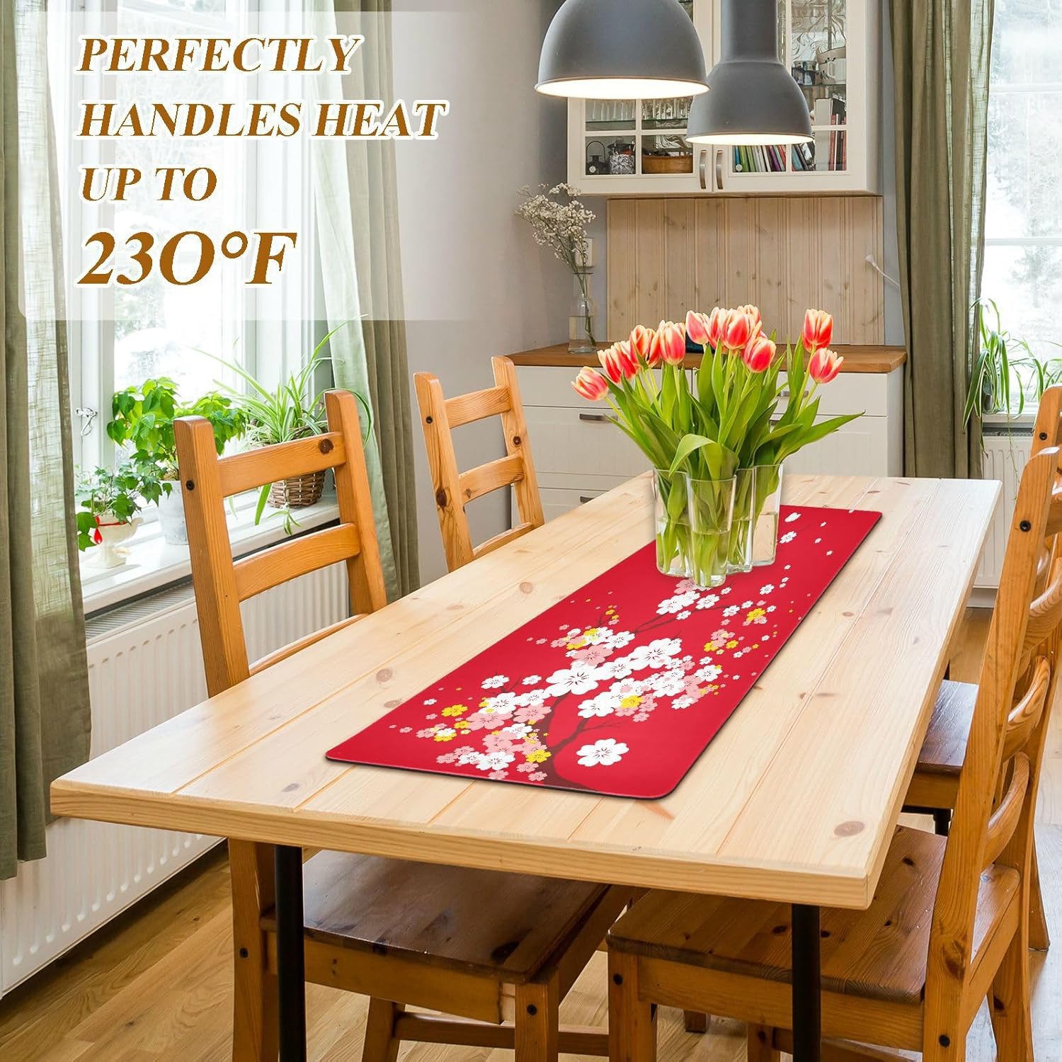 ALAZA Japaneses Sakura Tree Cherry Bloom Trivet Table Runner 40 Inches Long Trivet for Hot Pots and Pans/Hot Dishes,Table Protector Heat Up to 230F, Decorative Hot Plates Mat for Kitchen Countertop