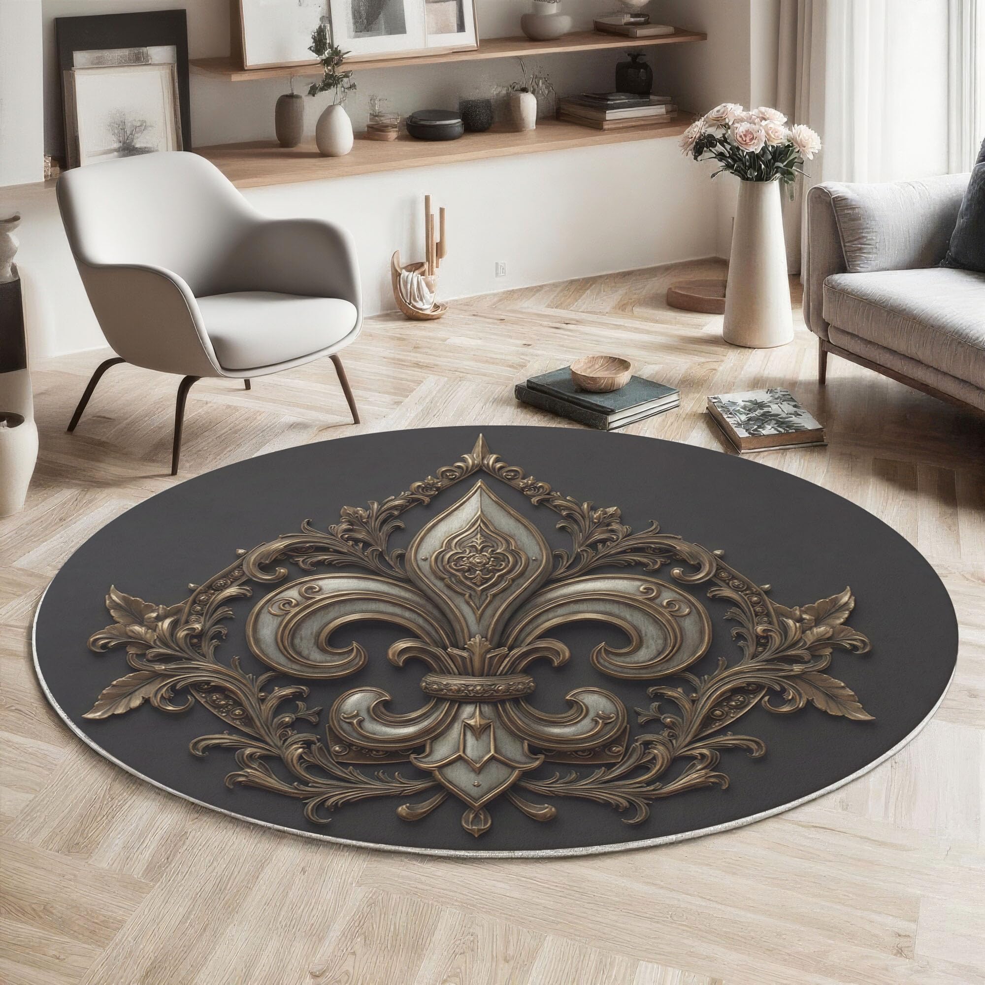 Tapis de salon rond bronze 100cm à relief d'iris, motif fleuri antidérapant