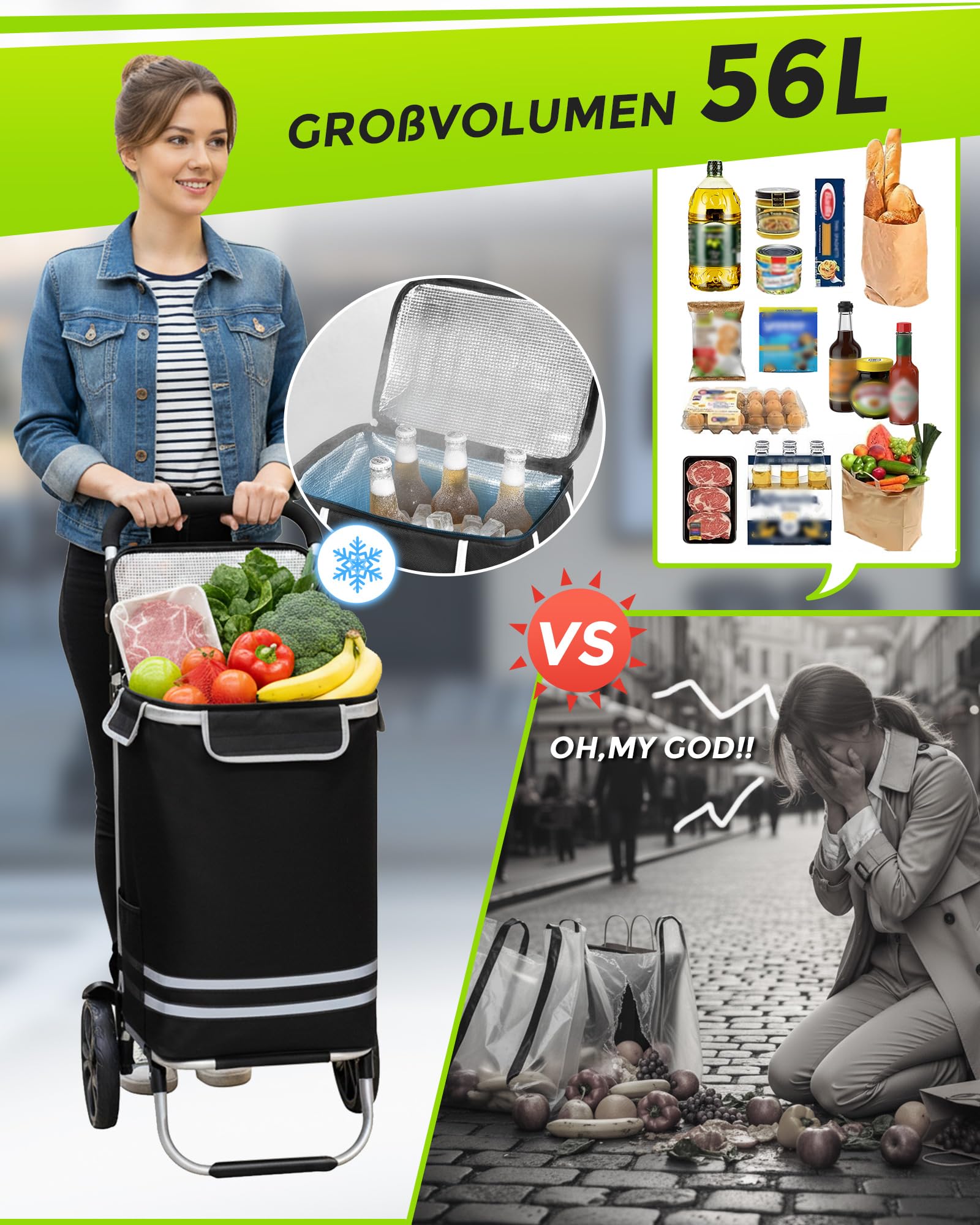 Oak & Tea Einkaufstrolley Klappbar 56L mit Kühlfach – 50kg Traglast Hackenporsche Aluminium, leise Räder, wasserdichter Oxford-Stoff, Isoliertasche Shopping Trolley