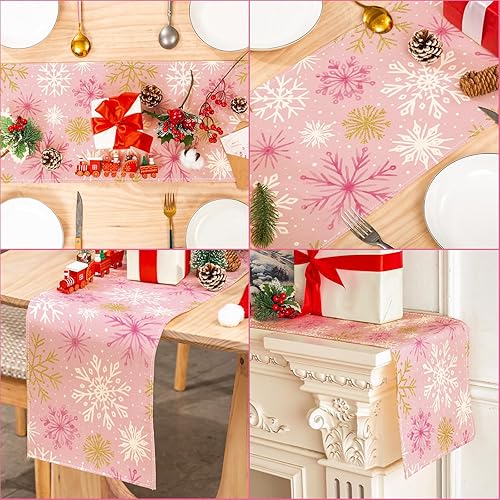 Miniatura 5 de AnyDesign Camino de mesa de invierno con copos de nieve de oro rosa para cocina, decoración de mesa de comedor, decoración de mesa de Navidad,