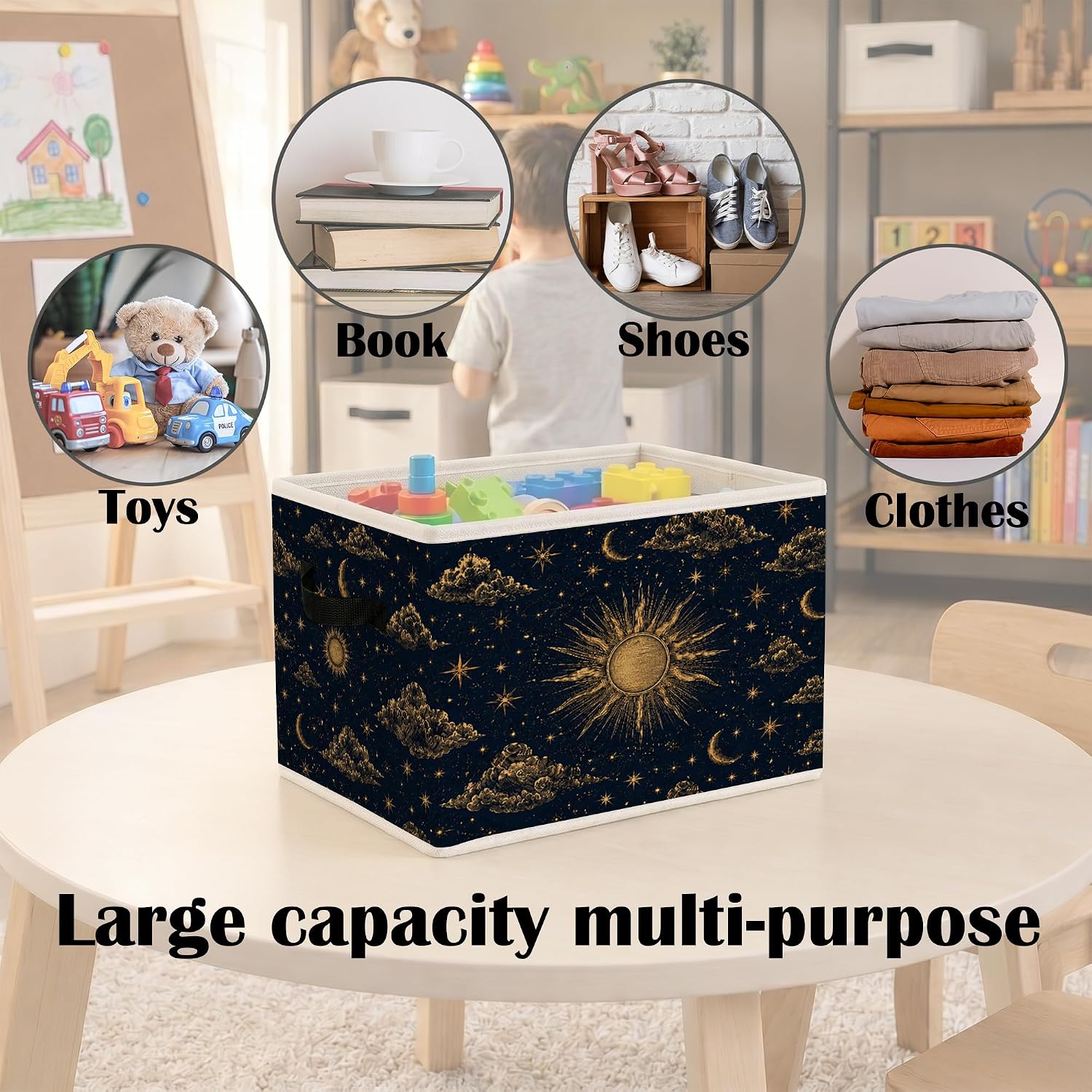 Dark Academia Sun and Moon Storage Bins with Handles, Mystical Celestial Collapsible Laundry Basket Organizer for Bathroom Bedroom, Starry Night Moody Decorative Storage Boxes image 5