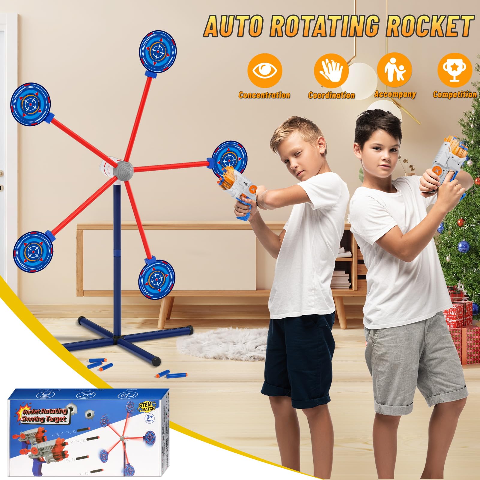 Kinderspielzeug Schießspiel ab 4-10 Jahren, Automatisch Rotierende Zielscheibe Schießspielzeug Set mit 2 Spielzeugpistolen & 20 Schaumstoff Blaster Geschenk für Junge Mädchen Outdoor Indoor