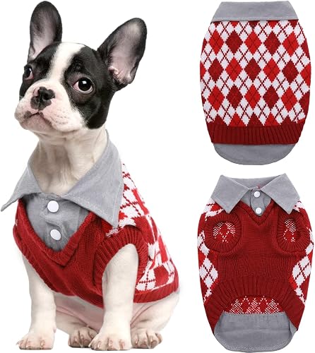 Kuoser Plaid Dog Sweater Warm Clothes, Patchwork Design Pet Dog Knitwear Classic Pullover Puppy Coat Cold Weather Sweatshirts with Leash Hole for Small Medium Cats Dogs (XL, Red)