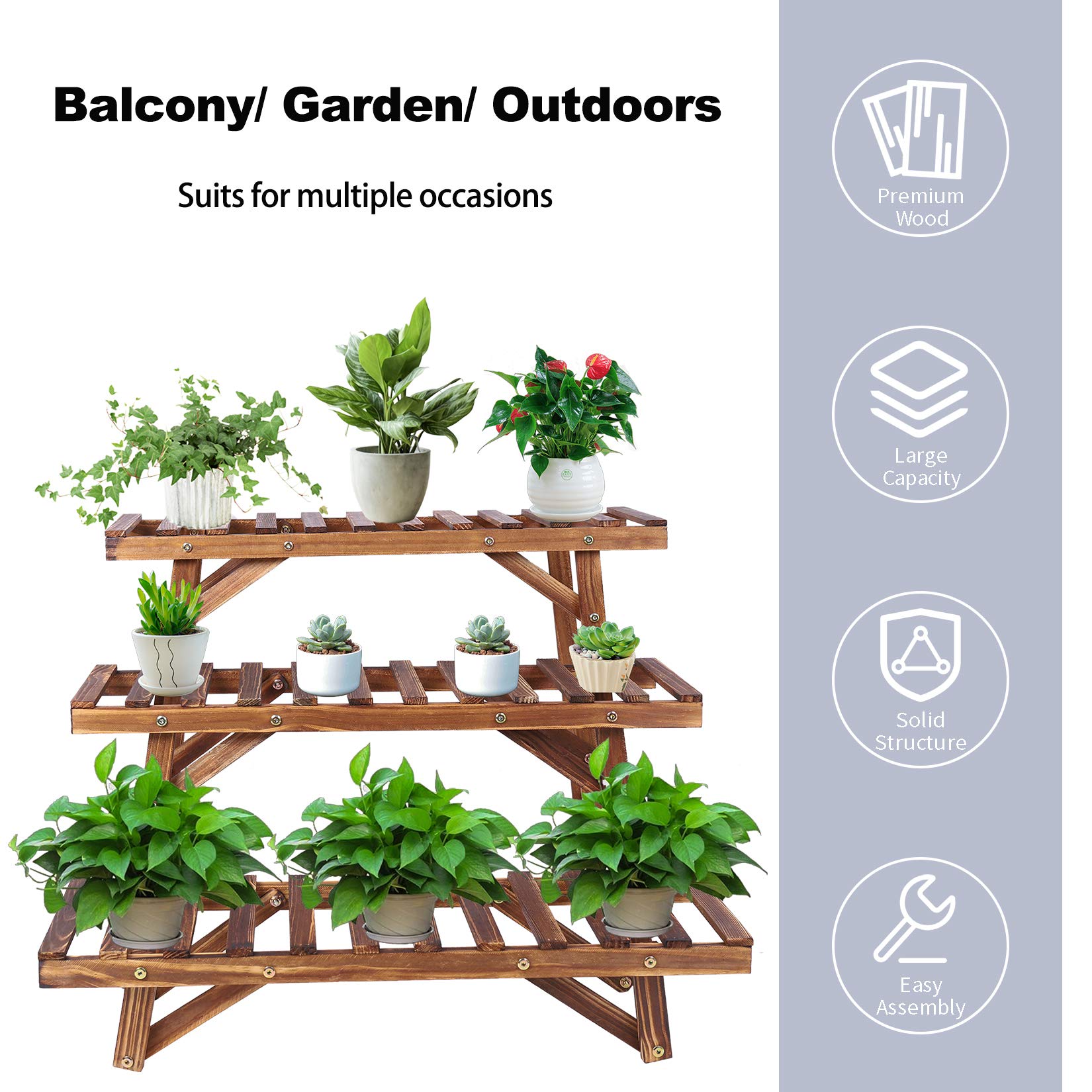 unho Porte Plante Extétieur Bois, Étagère Plantes Extétieur Individuelles Escalier PLantes Bois Lot de 3 Support Plantes Intérieur pour Balcon Terrasse Salon Jardin - Charge Max 40kg