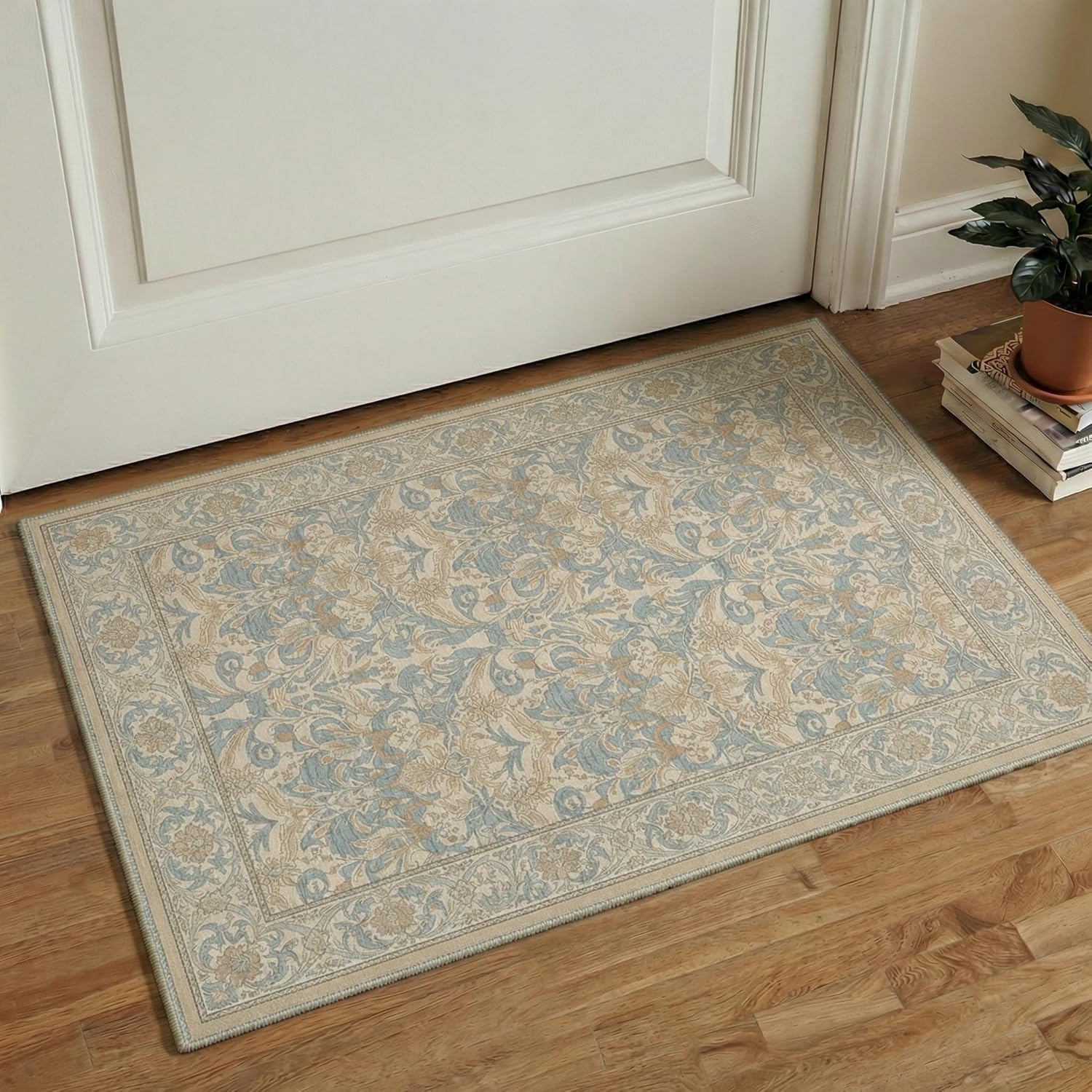 GENIMO Area Rug 2x3 Doormat, Machine Washable Low Pile Rugs, Small Retro Chenille Entryway Mat for Entrance, Hallway, Kitchen and Corridor, Blue Beige