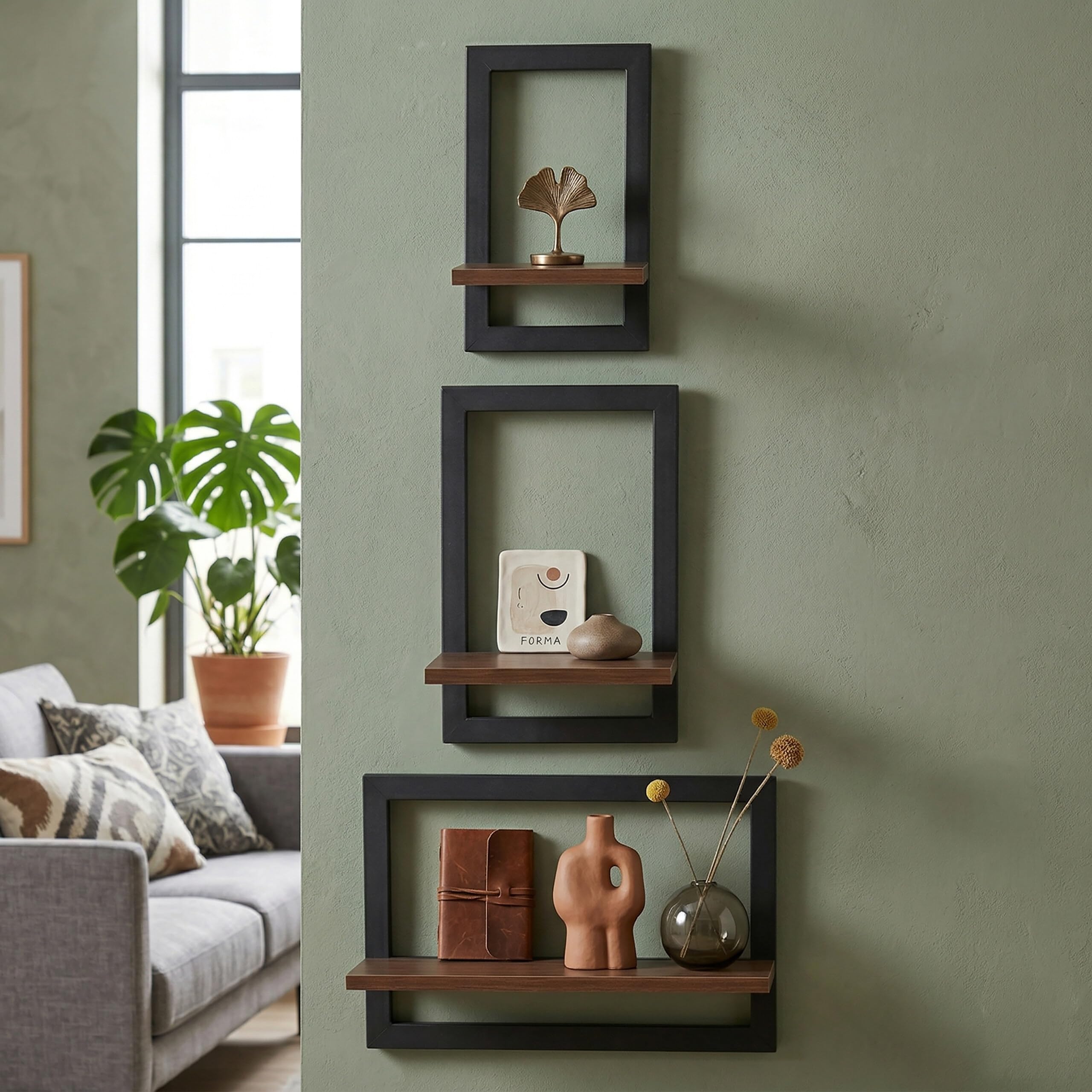 Relaxdays Étagère Murale, Lot de 3, métal et MDF, 3 Tailles, Marron/Noir