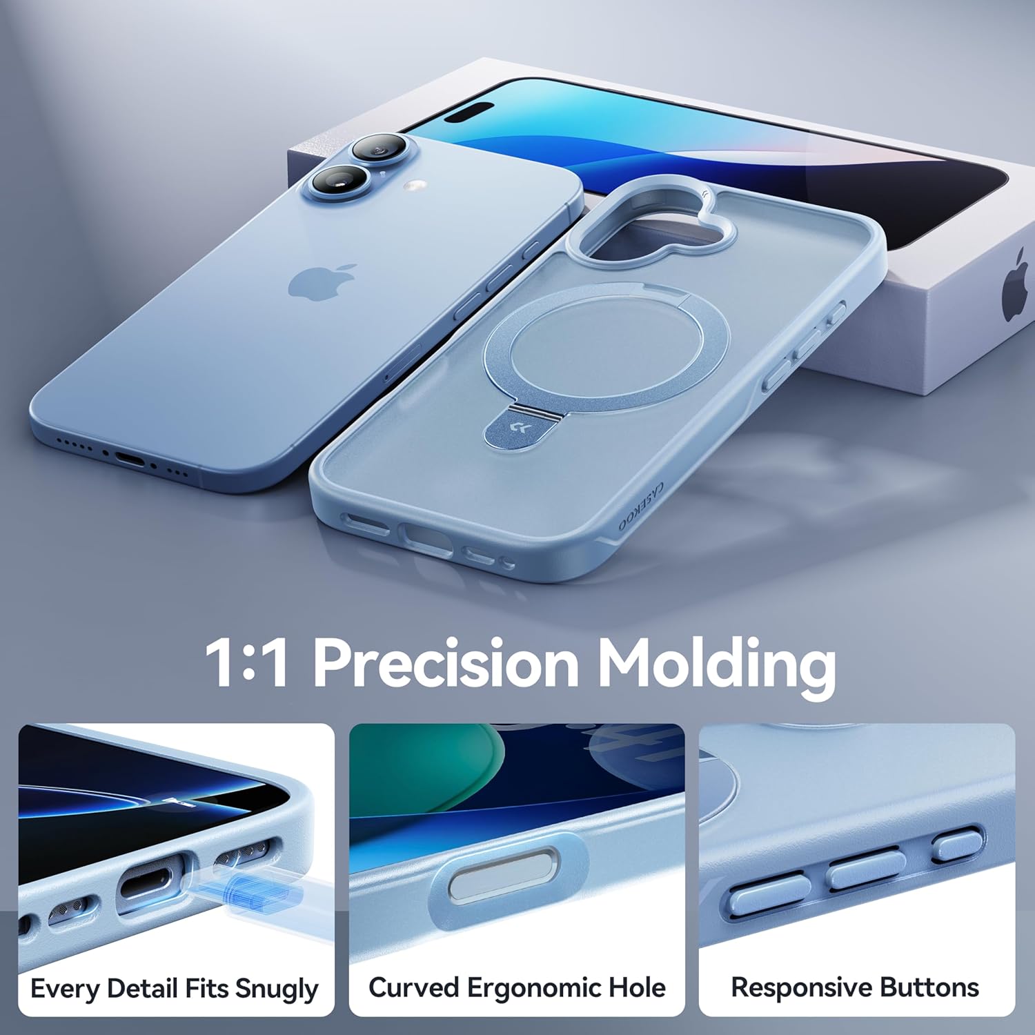 CASEKOO Ultra-Magnetic Stand for iPhone 17 Case [Military Droptection] [Compatible with MagSafe] Shockproof Translucent Matte Slim Ring Holder Casefor iPhone 17 Slim Phone Cover 6.3, Light Blue