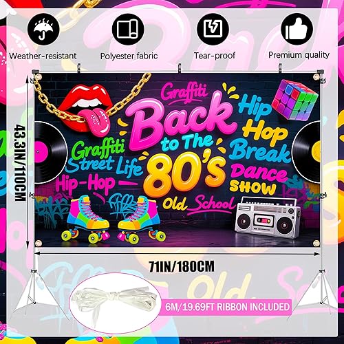 Miniatura 5 de Fondo de Back to The 80 de 6 x 3.6 pies con cinta de 19.69 pies  Cartel temático retro de los años 80 con ojales y doble costura para decoraciones