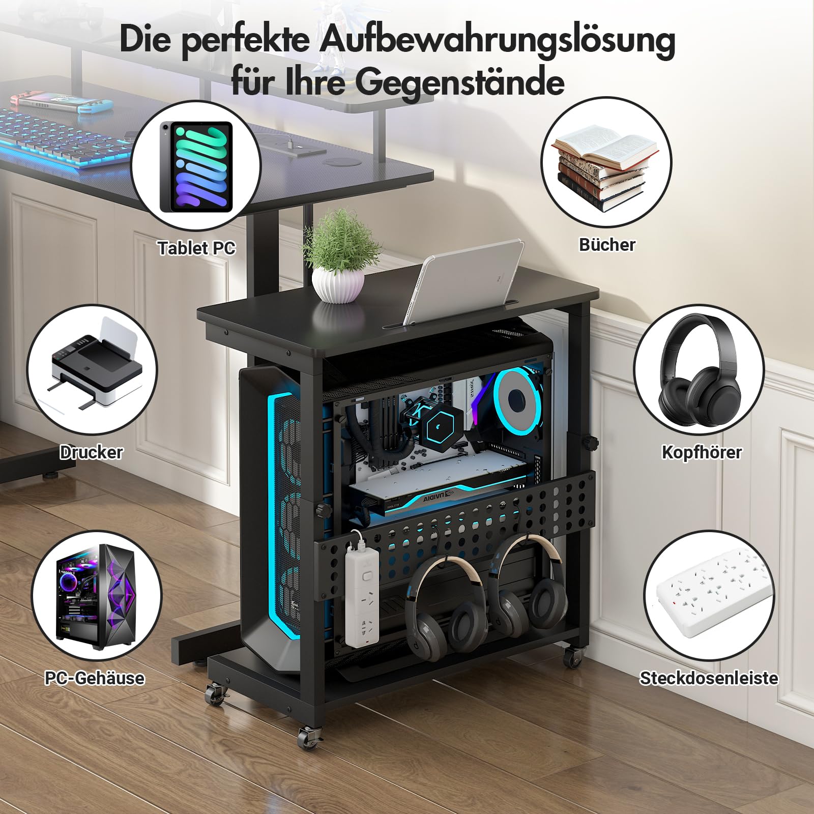 Höhenverstellbarer Computer Tower Ständer, PC Ständer mit Rollen & Schlitz & Haken, 2 Schicht Computer Stand, PC Rollwagen, Druckerständer, CPU Stand für Heimbüro, Schreibtisch, Computertisch, Schwarz