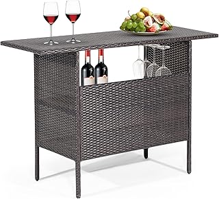 Tangkula Outdoor Wicker Bar Table, Patiojoy All Weather Patio Bar Height Table with 2 Metal Mesh Shelves & 2-Rail Steel Stemware Racks, Rattan Bar Counter Table for Backyard, Poolside