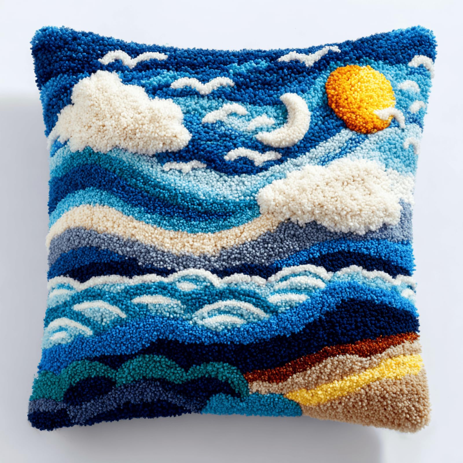 Taxpy Latch Hook Cushion Kit for Adults,Ocean View,17x17in DIY Pillow Cover Craft Kit with Pre-Printed Canvas,Yarn & Hook Tool,Beginner Friendly Needlework Craft for Home Decor & Gifts