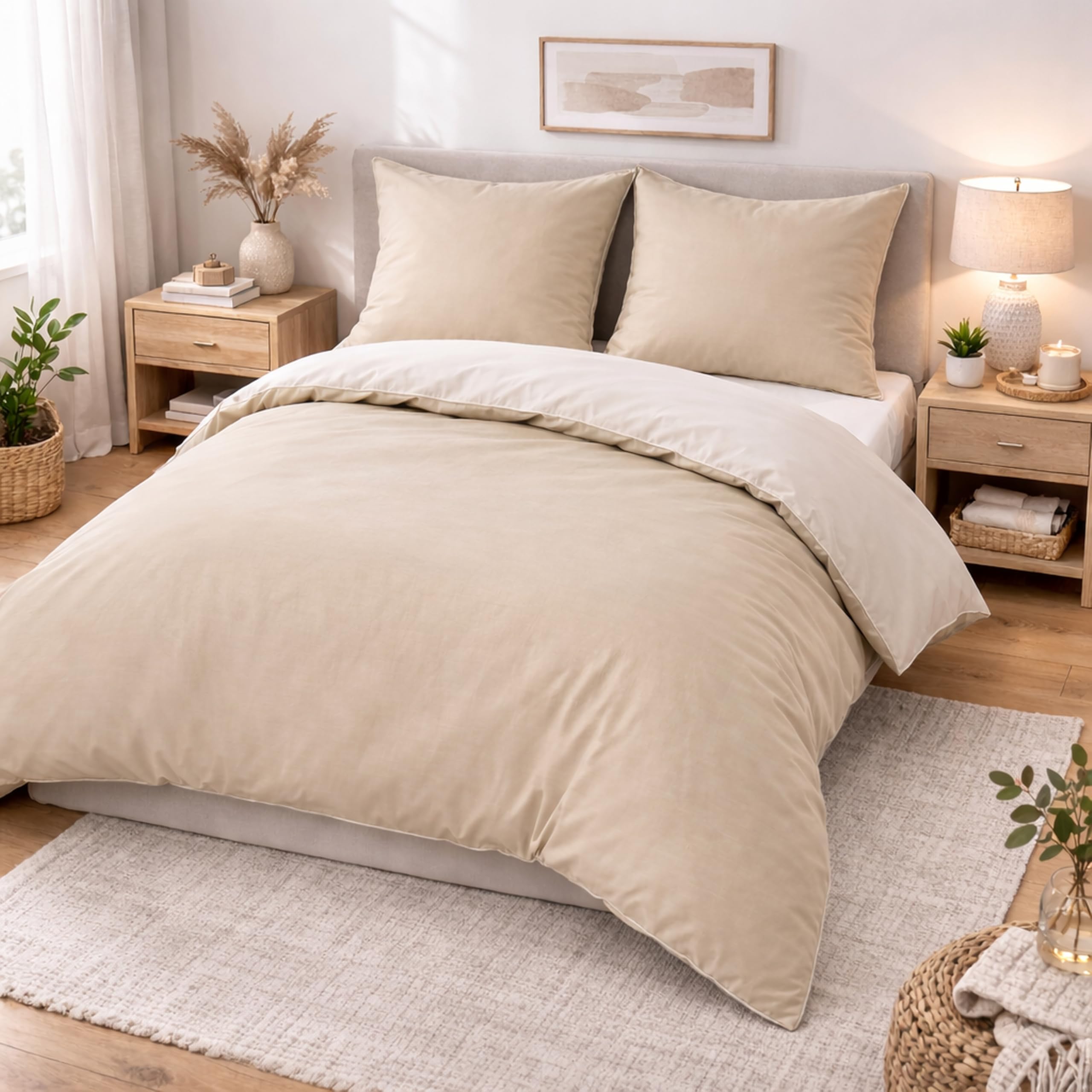 SCHÖNER WOHNEN Play Ropa de cama de 135 x 200 cm, algodón beis, diseño liso, diseño primaveral, 2 piezas, 1 funda nórdica de 135 x 200 cm y 1 funda de almohada de 80 x 80 cm