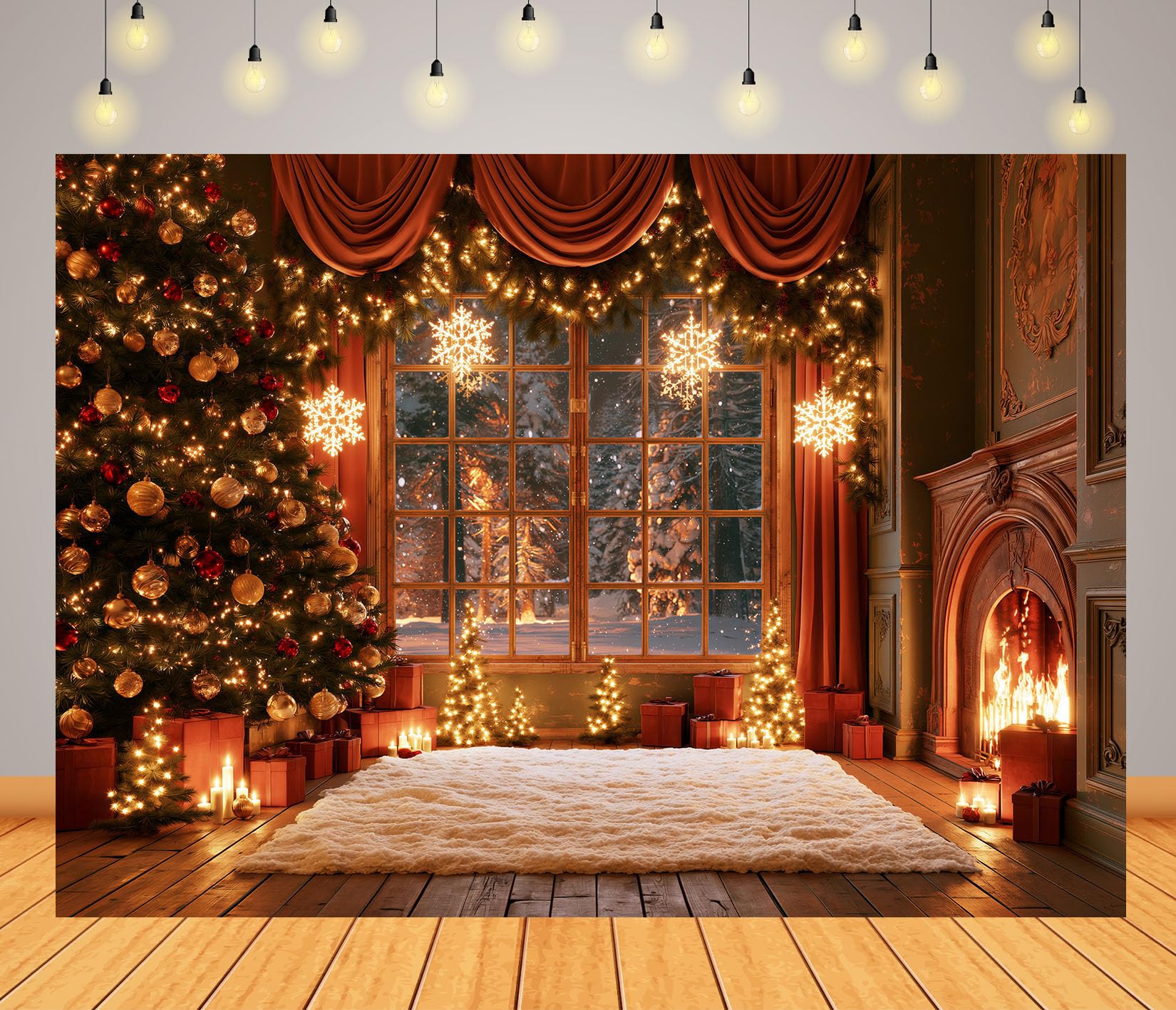 15x10FT Ventana Feliz Navidad Corona Fondo Fotográfico