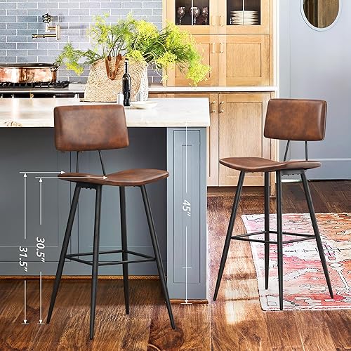 Miniatura 41 de Juego de 2 taburetes de bar de altura de mostrador de 24.5 pulgadas, taburetes de bar tapizados de piel sintética negra con reposapiés trasero y