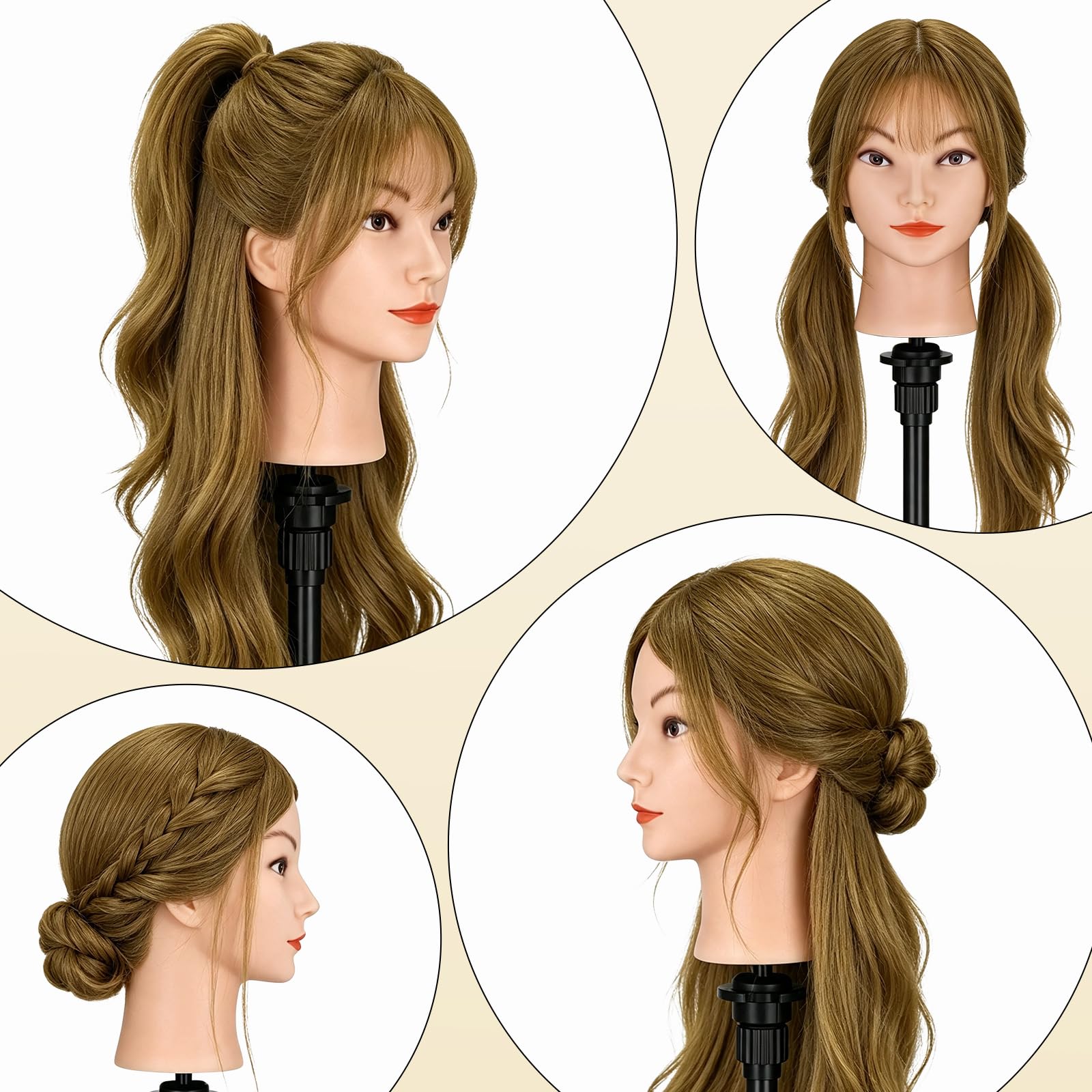 Yofuly Friseur-Trainingskopf, 45,7 cm, 100 % Echthaar, Manikin-Kosmetologie-Puppenkopf zum Flechten und Haarstyling, Übungskopf mit Tischklemme + DIY-Zopf-Set (Hellbraun)