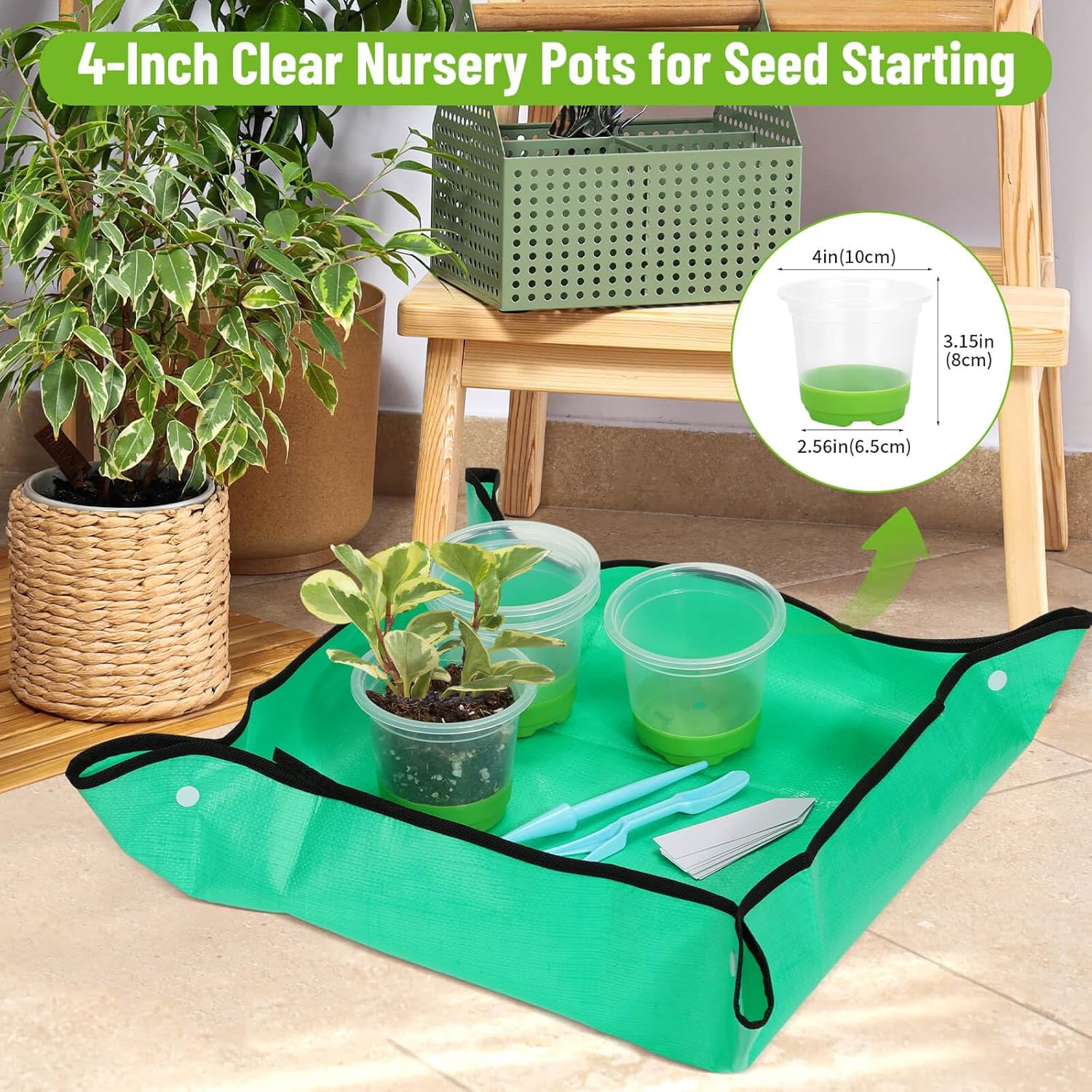 Caffox 57PCS Reusable Seed Starter Kit Includes 26 Packs 4" Clear Nursery Pots with Silicone Base, Repotting Mat, Gardening Gloves, Plant Labels and Seedling Tools for Easy Transplant - Image 7