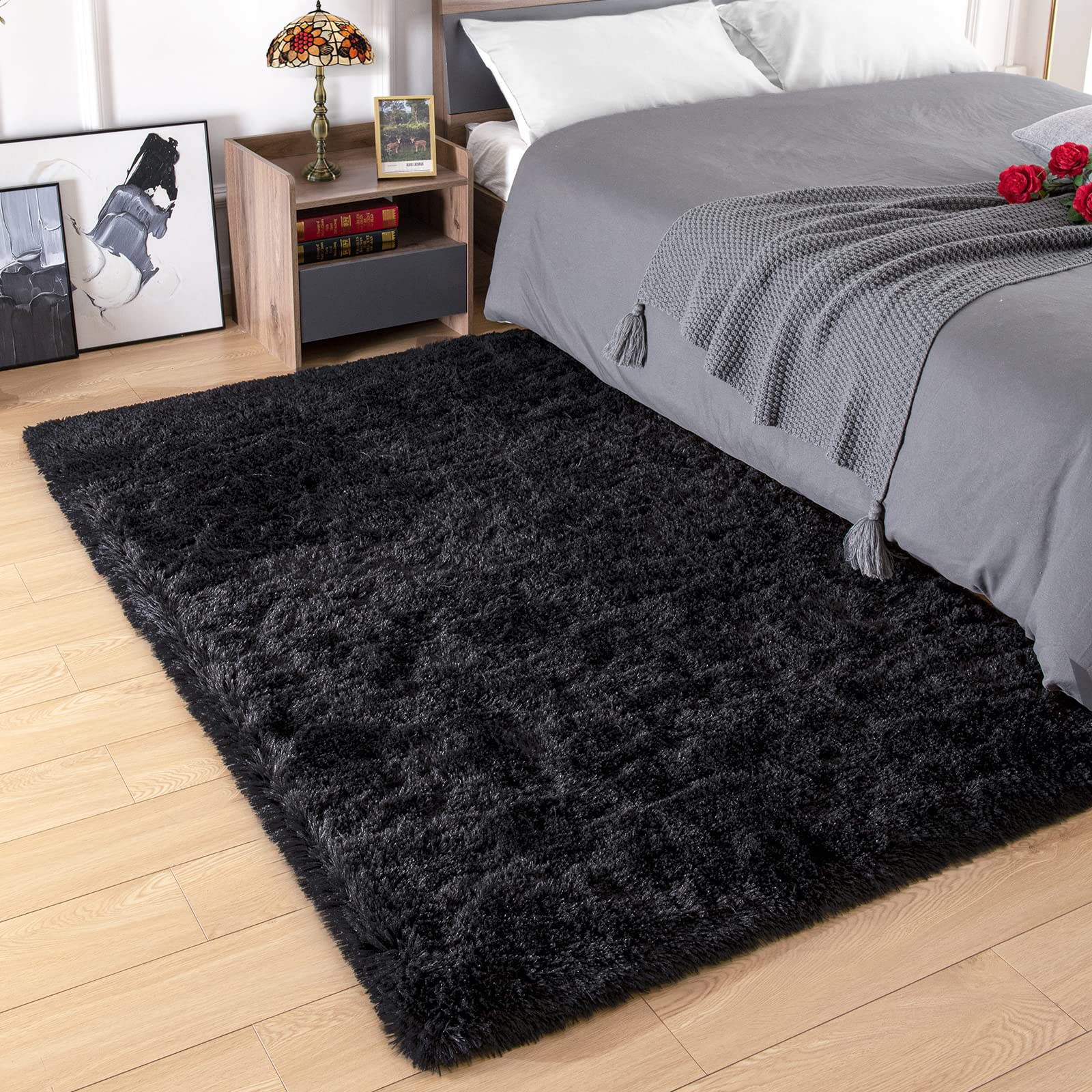 amearea premium soft fluffy area rug modern shag carpet, 3x5 feet, fuzzy shaggy rugs for bedroom living room teen apartment decor, comfortable indoor furry dorm carpets, black
