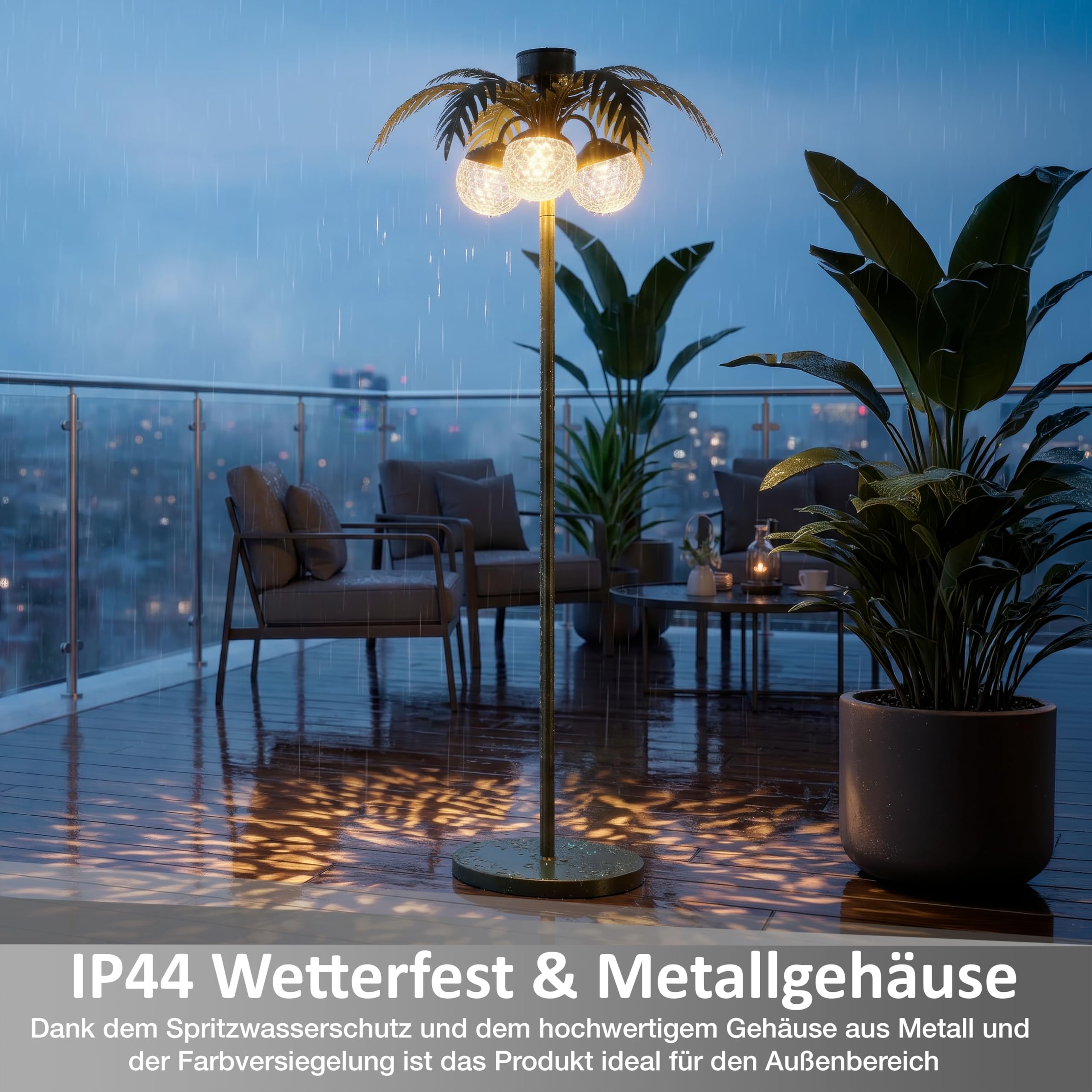 LED Solar Palme Stehleuchte Outdoor LED Gartenlampe mit Dämmerungssensor warmweiß 3000K IP44 wetterfest Balkon Terrasse Garten Solarleuchte mit Akku Metall