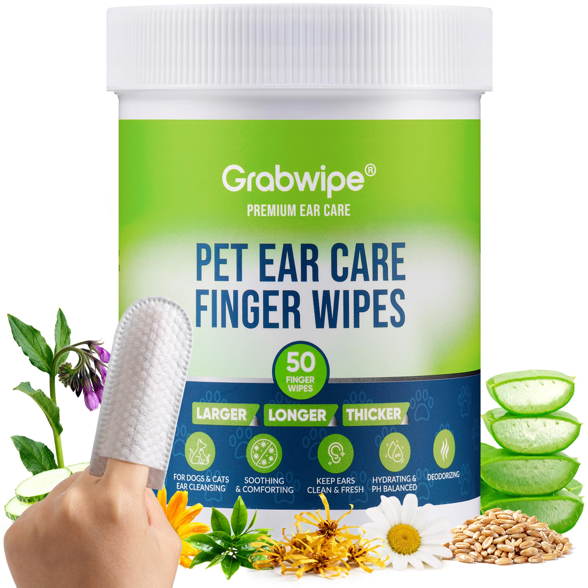 Dog Ear Wipes – Finger Design Ear Cleaner for Dogs & Cats, Large Easy Fit, Made with 8 Botanical Extracts, No Rinse, Gentle Cleaning & Deodorizing, Calm Irritation, Fragrance Free, 50 Ct