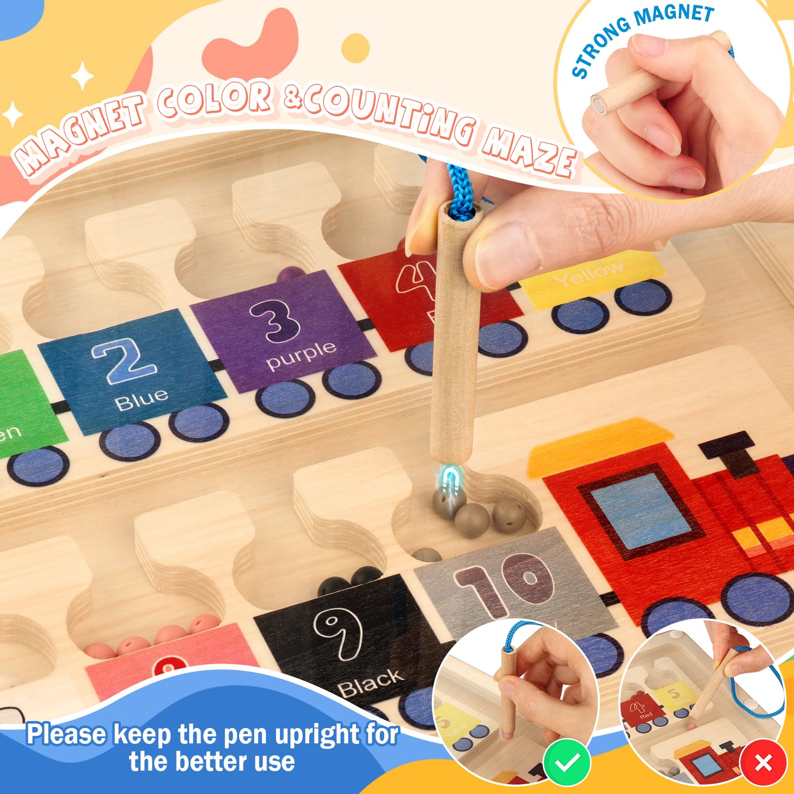 Syahro Magnetic Color and Number Maze Toy, Wooden Magnet Balls Puzzles Board, Fine Motor Skills Toddler Activities, Montessori Gift for Boys Girls 3-5 Years Old, Preschool Busy Board for Kids
