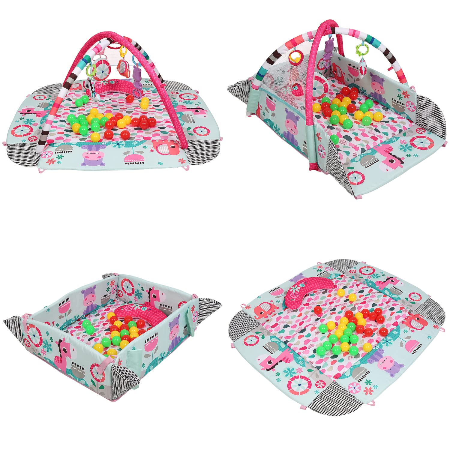 Alfombra de Juego, Gimansio de Actividades para Bebés, Alfombra Bebe con Arco de Juego y Juguetes Sensoriales, Piscina de Bolas (Rosa A)