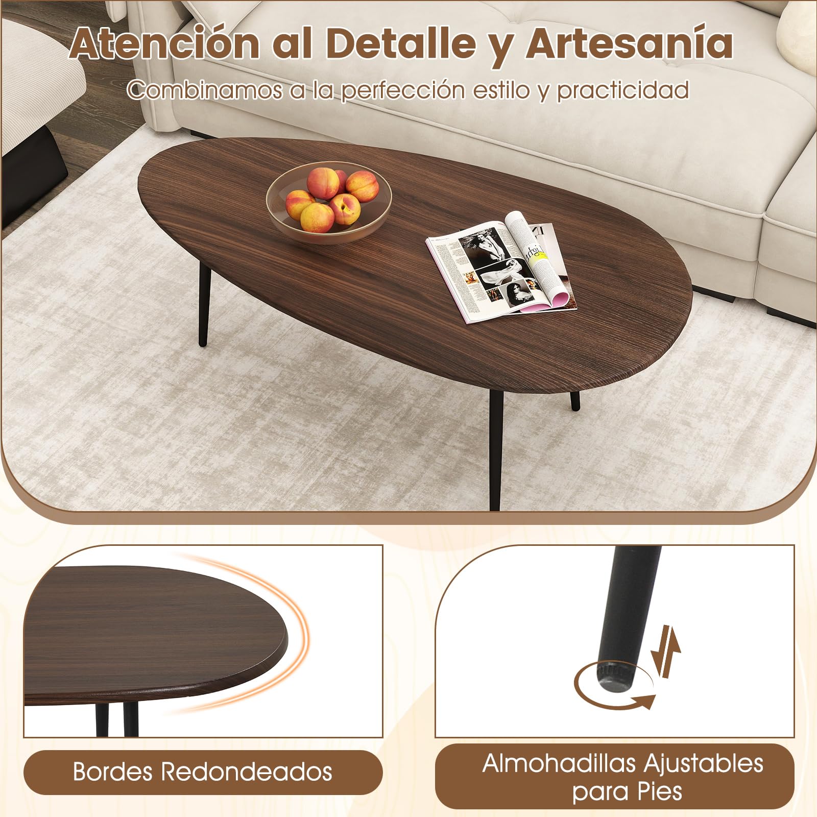 COSTWAY Mesa de Centro Ovalada, Mesita Central con Construcción Metálica Resistente y Diseño Compacto para Sofá, Mesita Auxiliar para Salon, Oficina, Mesita de Café, 108 x 56 x 44 cm (Nogal)
