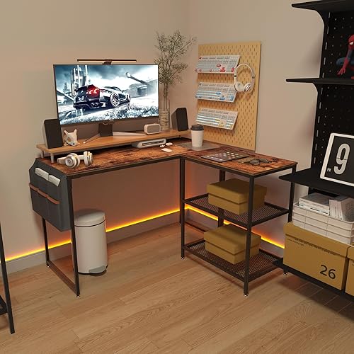 Miniatura 2 de VECELO Escritorio esquinero para computadora en forma de L con bolsa de almacenamiento y estante, mesa de oficina en casa para sala de estudio,
