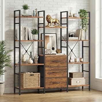 Triple Wide 4-Tier Bookshelf, Industrial Open Display Bookcase, 10 Shelves and 3 Fabric Drawers Large Bookshelf for Living Room, Home Office, Rustic Brown