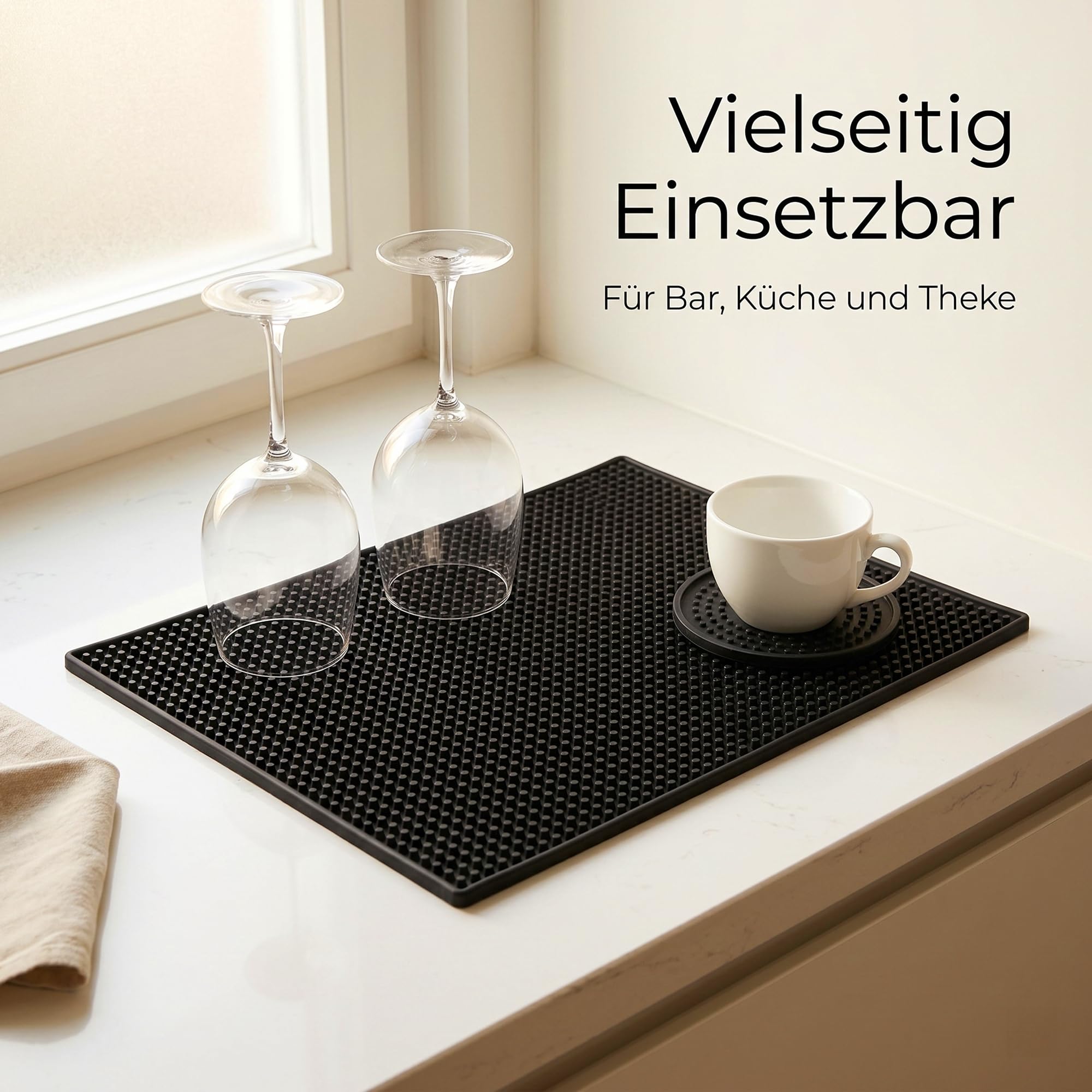 4 tappetini da bar in PVC, 45 x 30 cm, colore nero, per stoviglie, con 4 sottobicchieri rotondi da 10 cm, accessori per bar e cucina